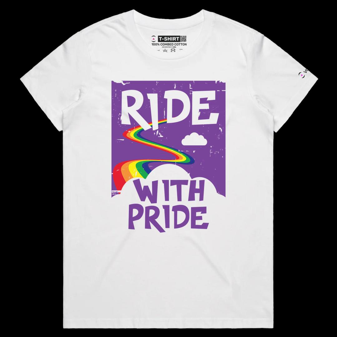 VOICEART White Female Regular Ride with Pride Gay Lifestyle T-Shirt with Premium Graphic LGBTQ Rainbow Alliance Pride Tee