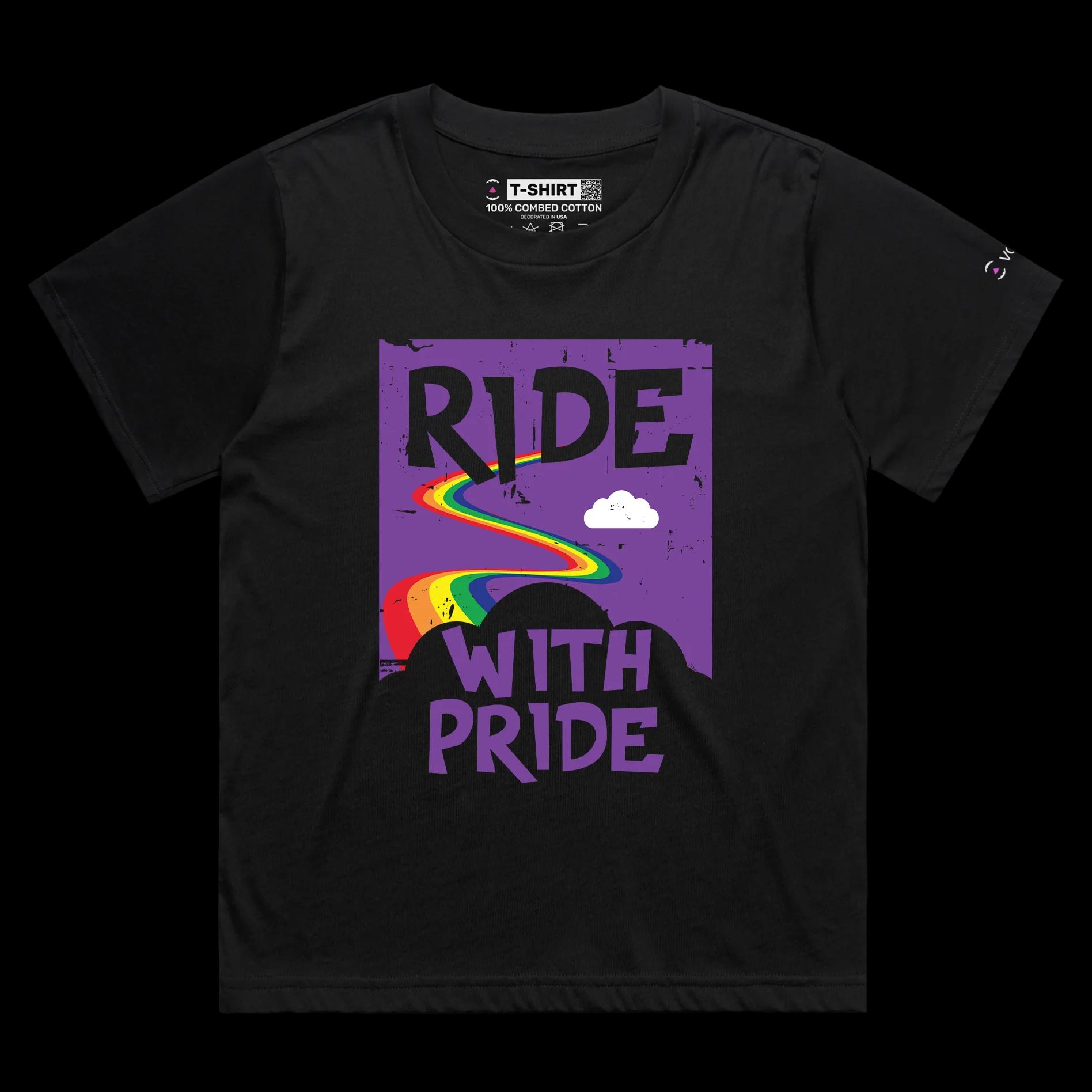 VOICEART Black Female Loose Ride with Pride Gay Lifestyle T-Shirt with Premium Graphic LGBTQ Rainbow Alliance Pride Tee