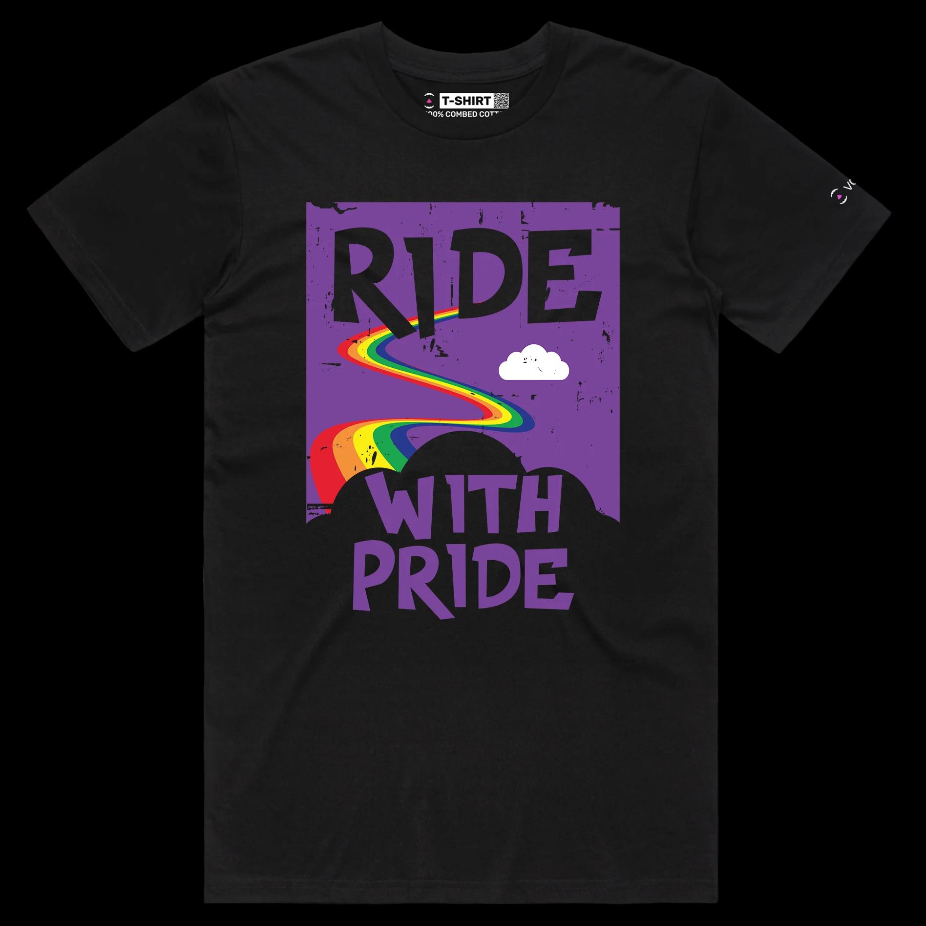 VOICEART Black Male Regular Ride with Pride Gay Lifestyle T-Shirt with Premium Graphic LGBTQ Rainbow Alliance Pride Tee
