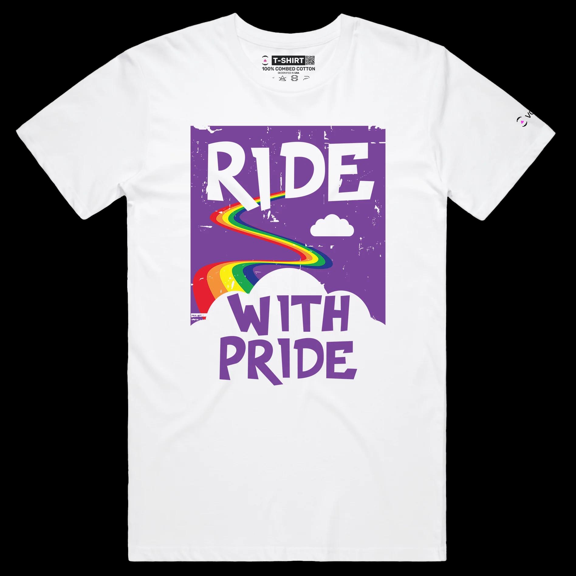 VOICEART White Male Regular Ride with Pride Gay Lifestyle T-Shirt with Premium Graphic LGBTQ Rainbow Alliance Pride Tee