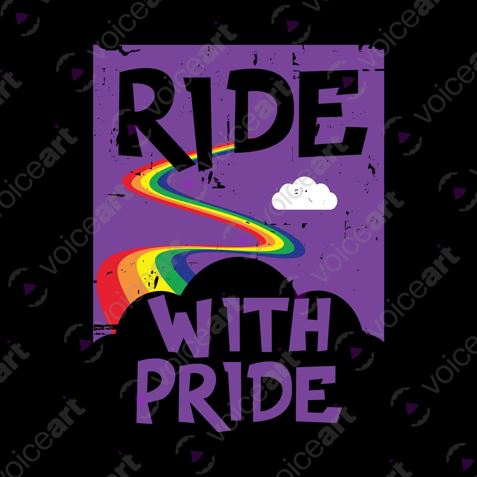 VOICEART Black Watermark Ride with Pride Gay Lifestyle T-Shirt with Premium Graphic LGBTQ Rainbow Alliance Pride Tee