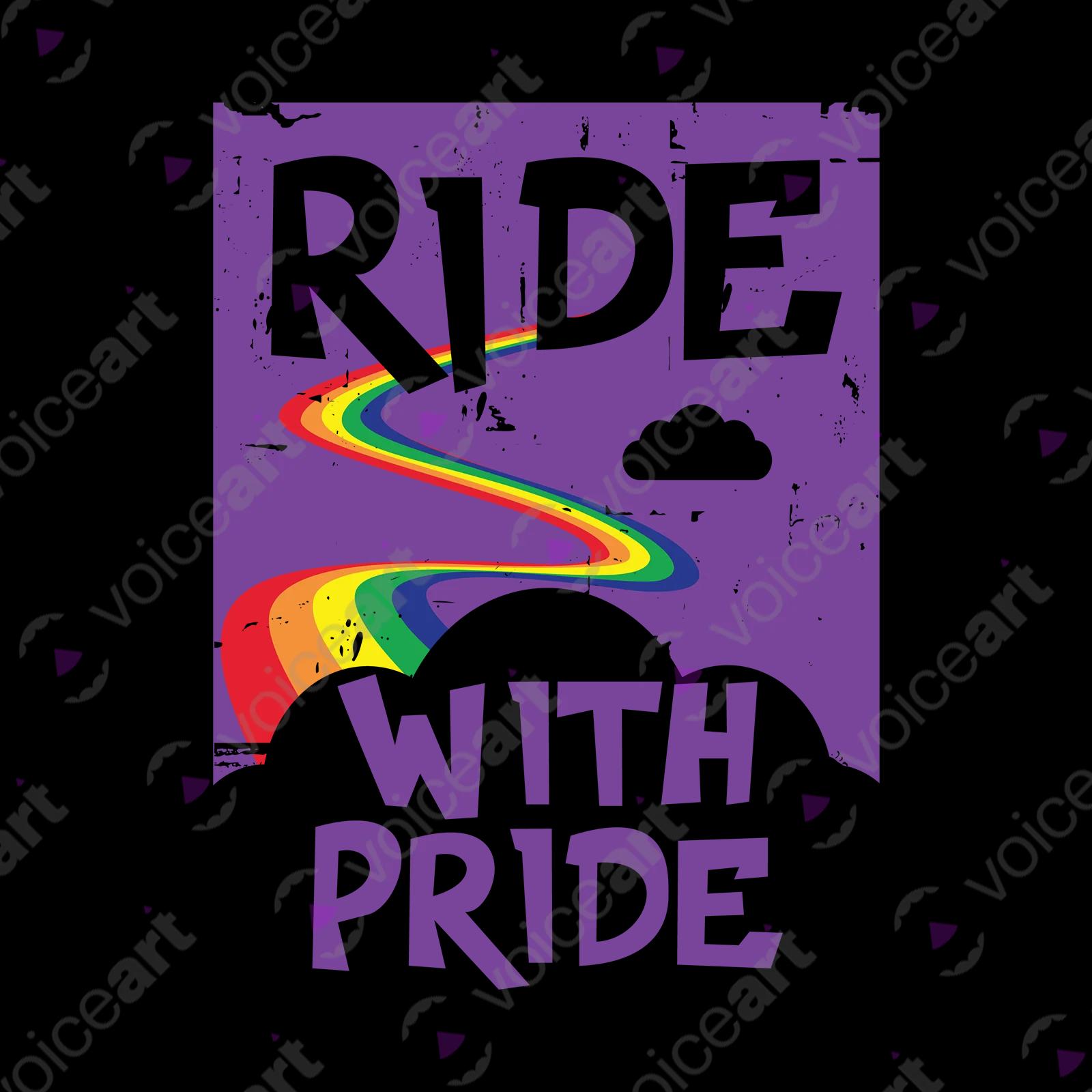 VOICEART White Watermark Ride with Pride Gay Lifestyle T-Shirt with Premium Graphic LGBTQ Rainbow Alliance Pride Tee