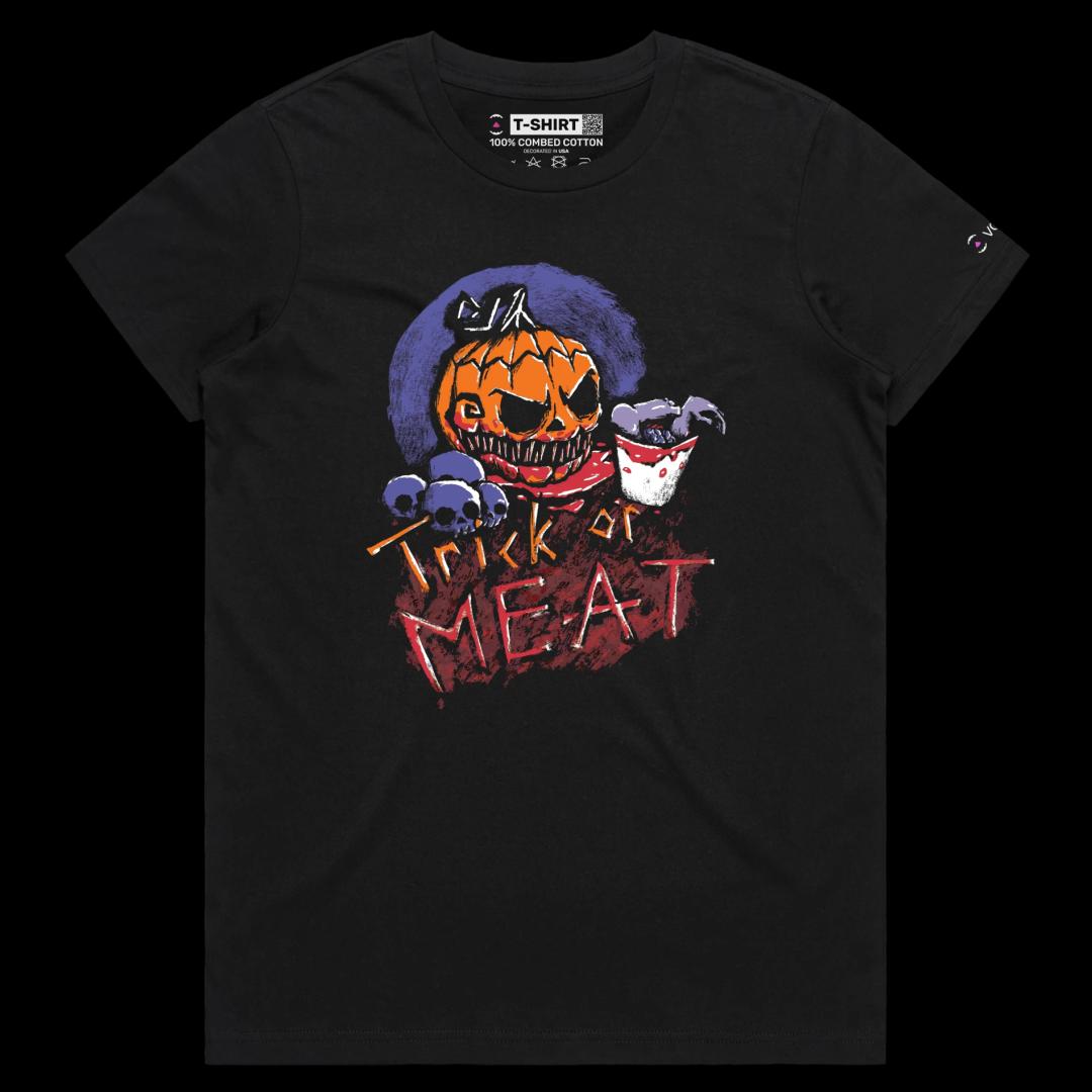 VOICEART Black Female Regular Scary Pumpkin Funny Halloween T-Shirt Premium Quality Graphic Trick or Treat Tee Play on Words