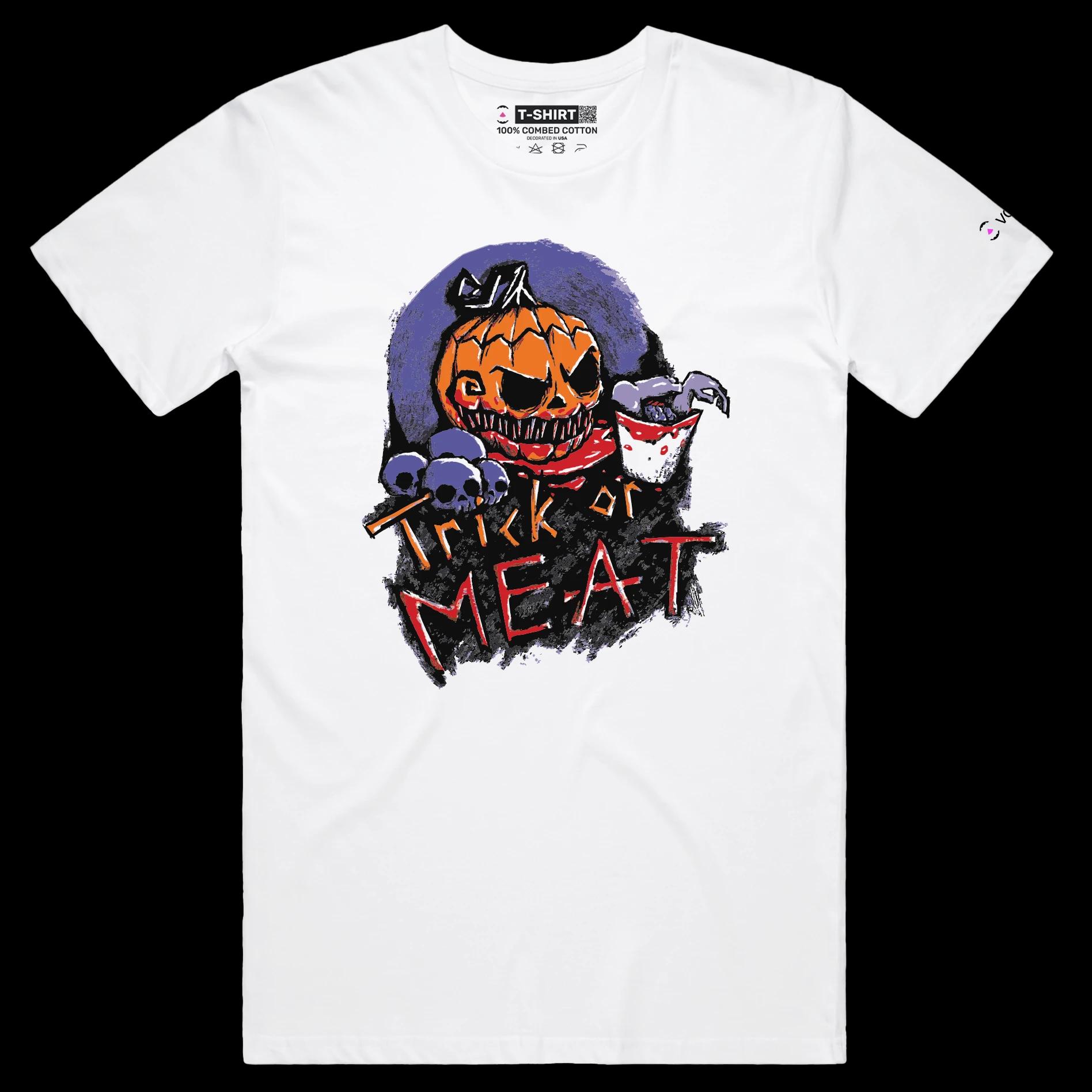 VOICEART White Male Regular Scary Pumpkin Funny Halloween T-Shirt Premium Quality Graphic Trick or Treat Tee Play on Words
