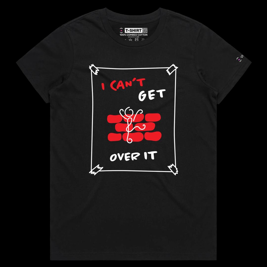 VOICEART Black Female Regular Stick Figure Climbing Wall Funny Shirt Premium Graphic Can’t Get Over It Tee Play on Words