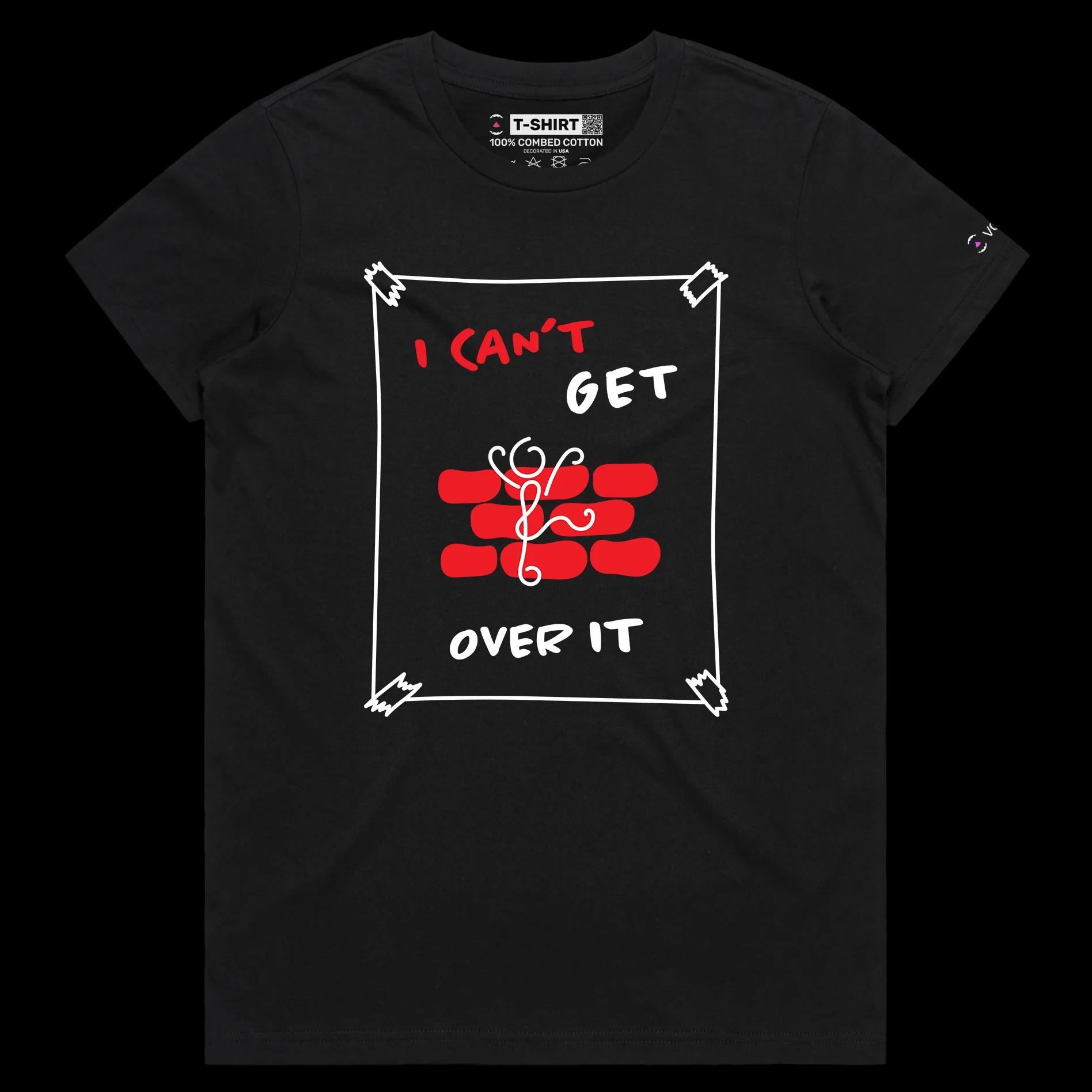 VOICEART Black Female Regular Stick Figure Climbing Wall Funny Shirt Premium Graphic Can’t Get Over It Tee Play on Words