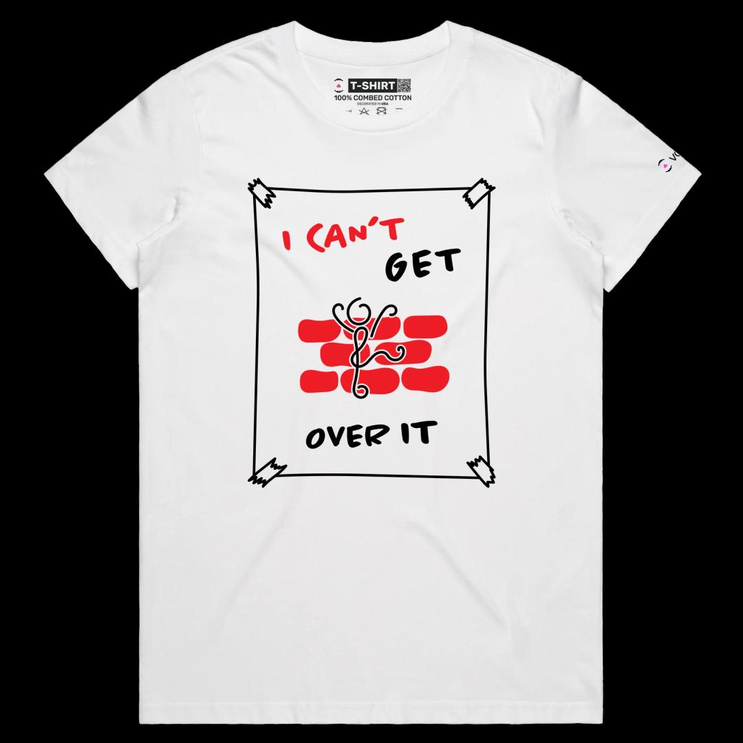 VOICEART White Female Regular Stick Figure Climbing Wall Funny Shirt Premium Graphic Can’t Get Over It Tee Play on Words