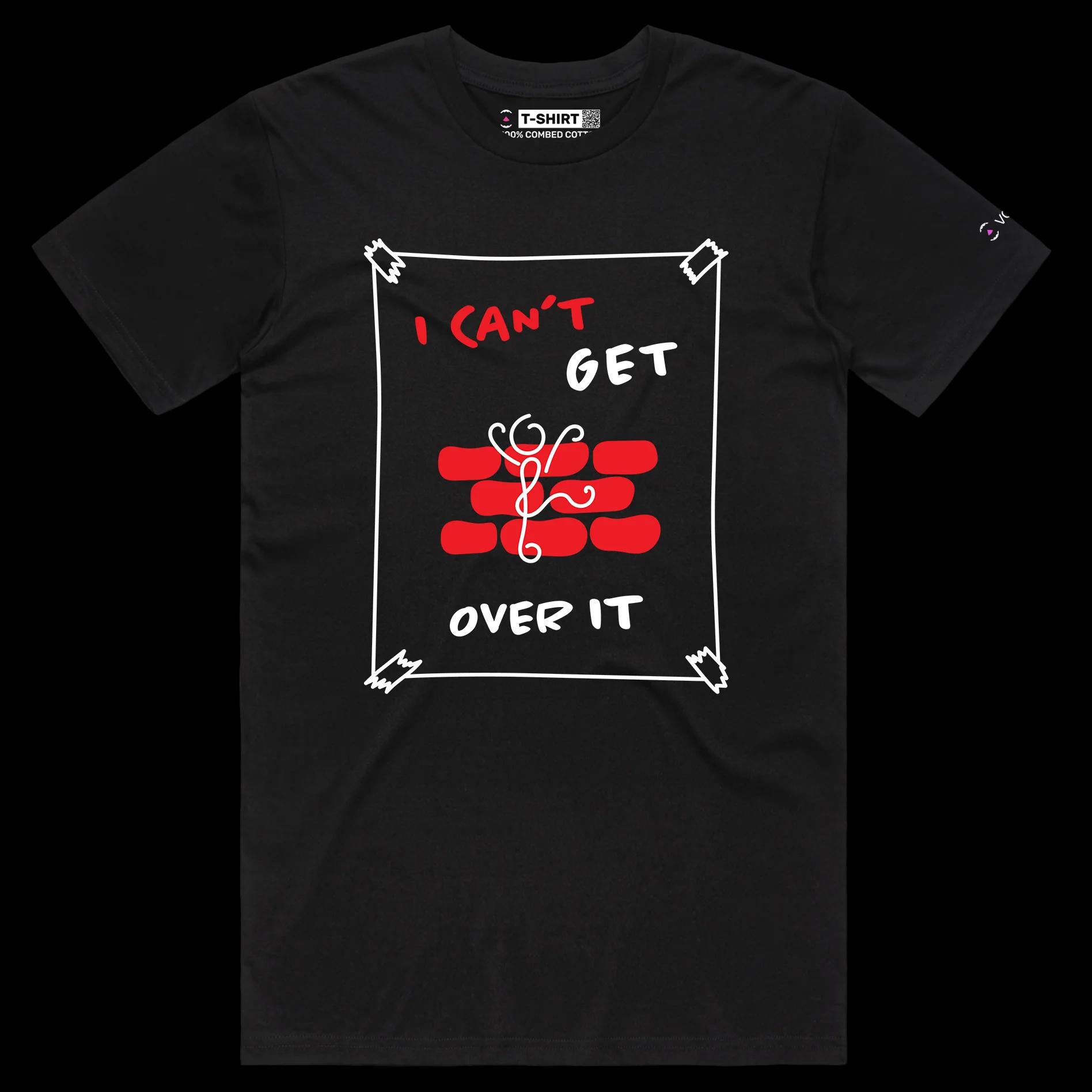 VOICEART Black Male Regular Stick Figure Climbing Wall Funny Shirt Premium Graphic Can’t Get Over It Tee Play on Words