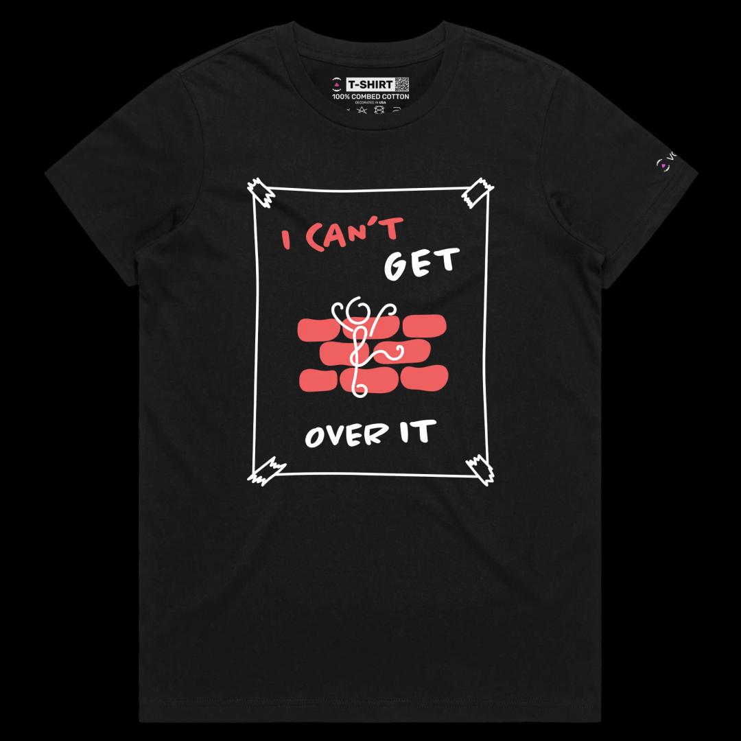 VOICEART Black Female Regular Stick Figure Climbing Wall Funny Shirt Premium Graphic Can’t Get Over It Tee Play on Words