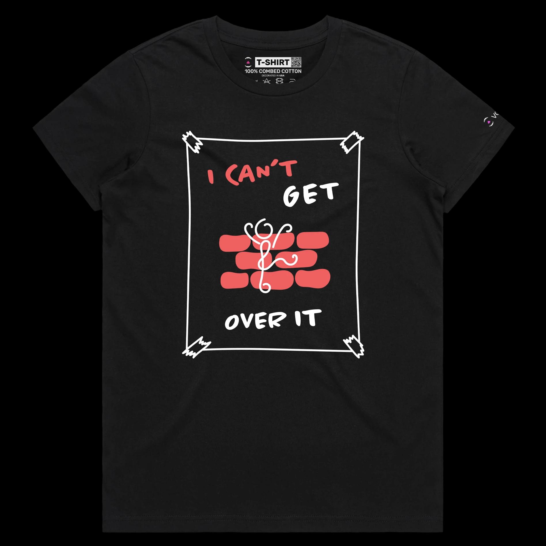 VOICEART Black Female Regular Stick Figure Climbing Wall Funny Shirt Premium Graphic Can’t Get Over It Tee Play on Words