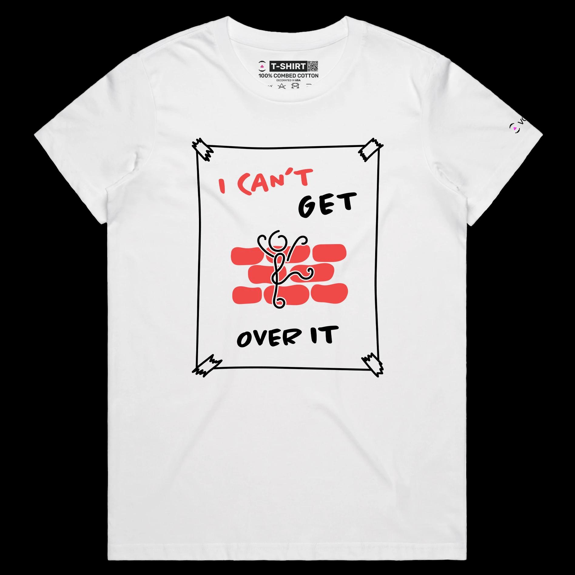 VOICEART White Female Regular Stick Figure Climbing Wall Funny Shirt Premium Graphic Can’t Get Over It Tee Play on Words