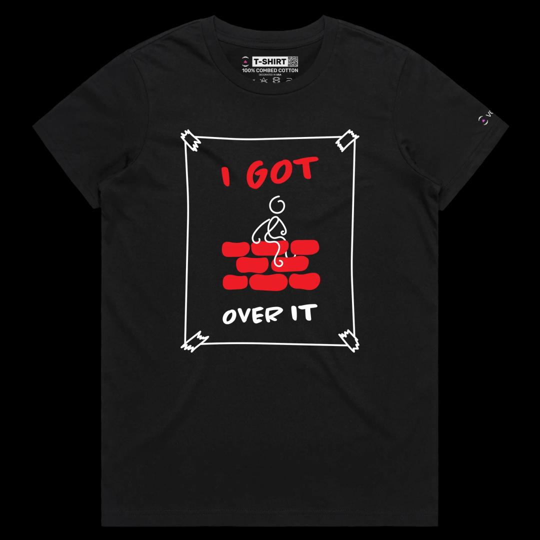 VOICEART Black Female Regular Stick Figure Climbed Wall Funny Shirt Premium Graphic I Got Over It Tee with Play on Words