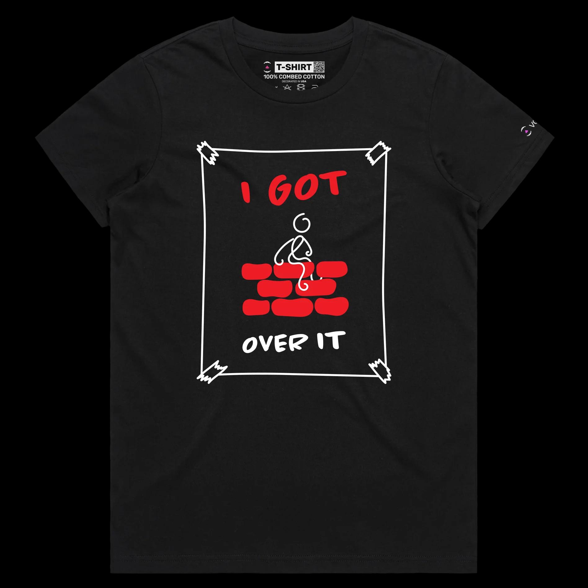 VOICEART Black Female Regular Stick Figure Climbed Wall Funny Shirt Premium Graphic I Got Over It Tee with Play on Words