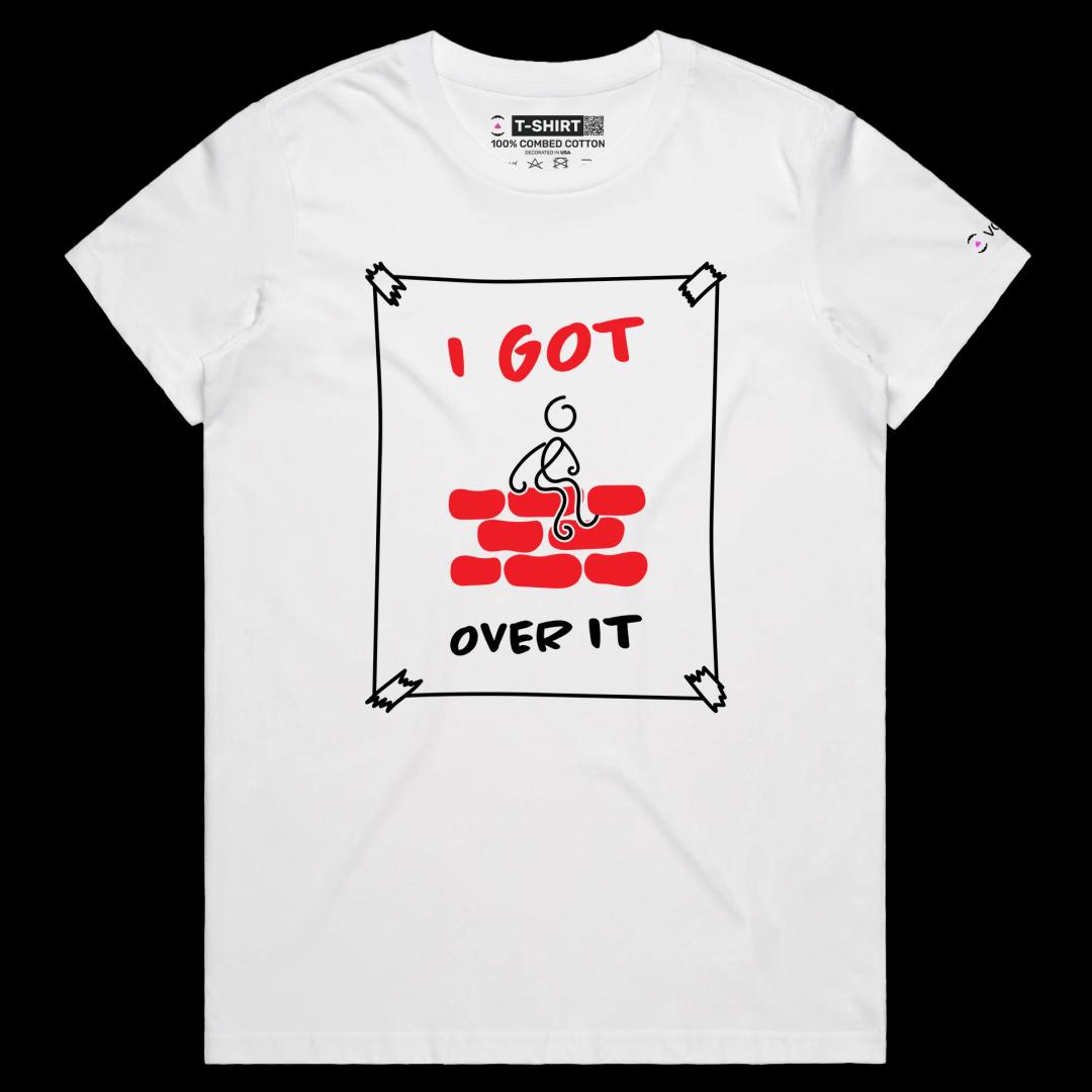 VOICEART White Female Regular Stick Figure Climbed Wall Funny Shirt Premium Graphic I Got Over It Tee with Play on Words