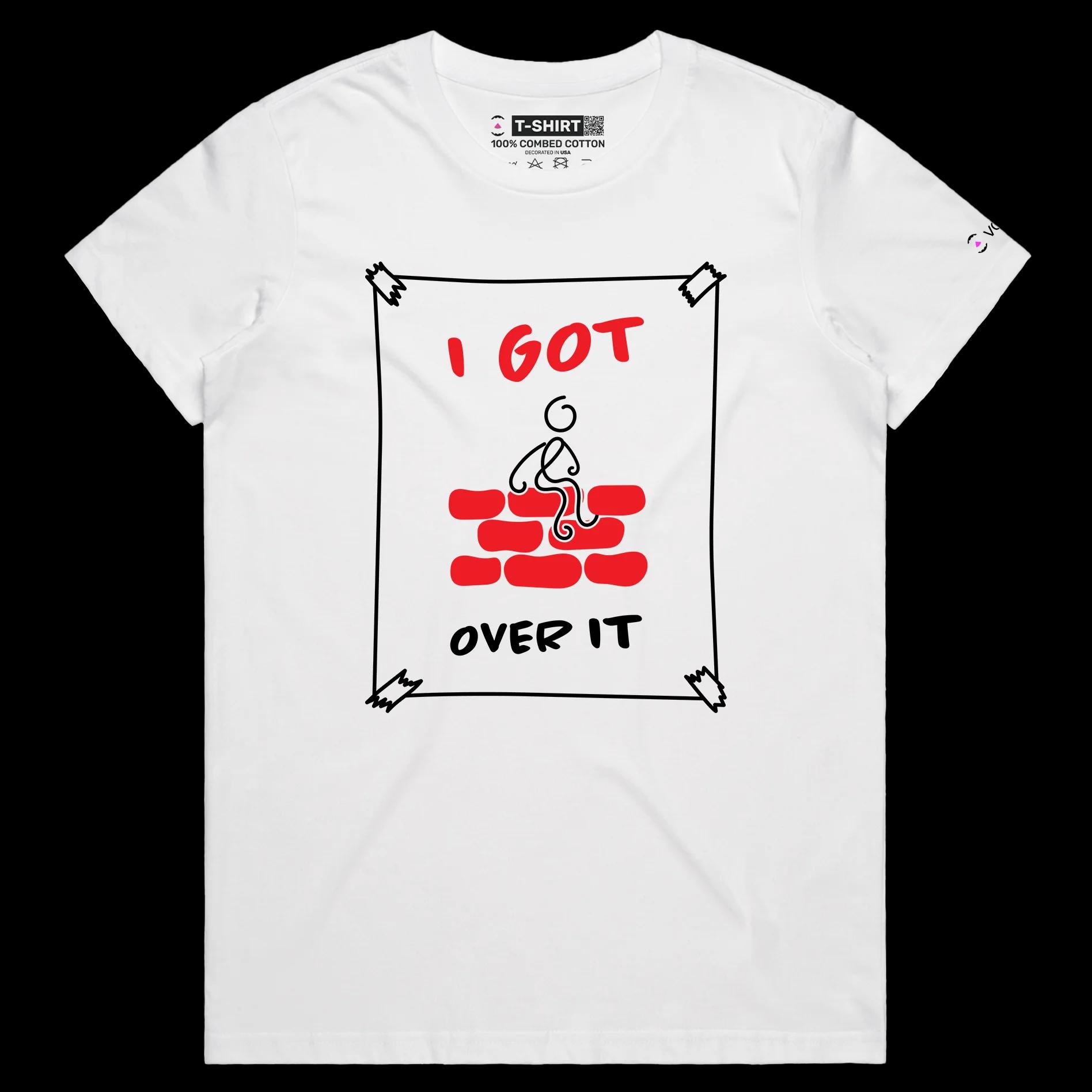 VOICEART White Female Regular Stick Figure Climbed Wall Funny Shirt Premium Graphic I Got Over It Tee with Play on Words