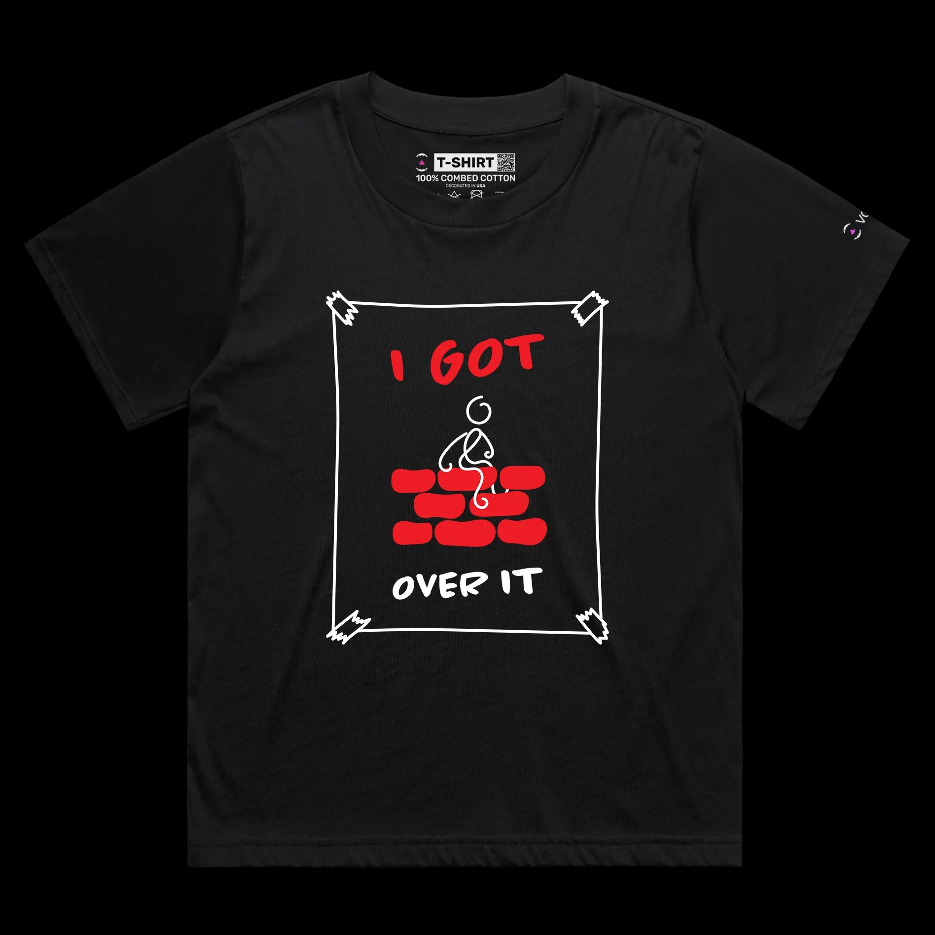 VOICEART Black Female Loose Stick Figure Climbed Wall Funny Shirt Premium Graphic I Got Over It Tee with Play on Words