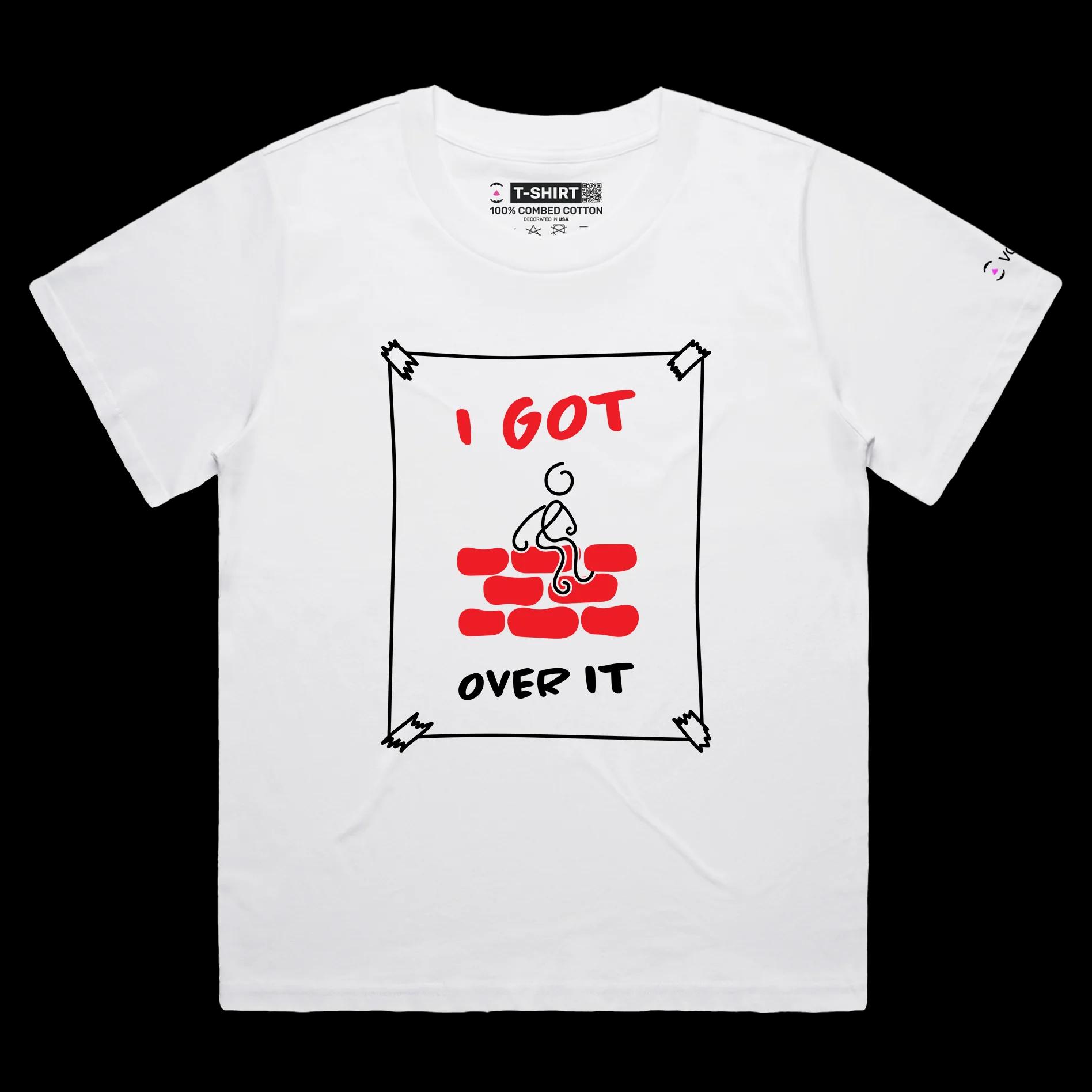 VOICEART White Female Loose Stick Figure Climbed Wall Funny Shirt Premium Graphic I Got Over It Tee with Play on Words