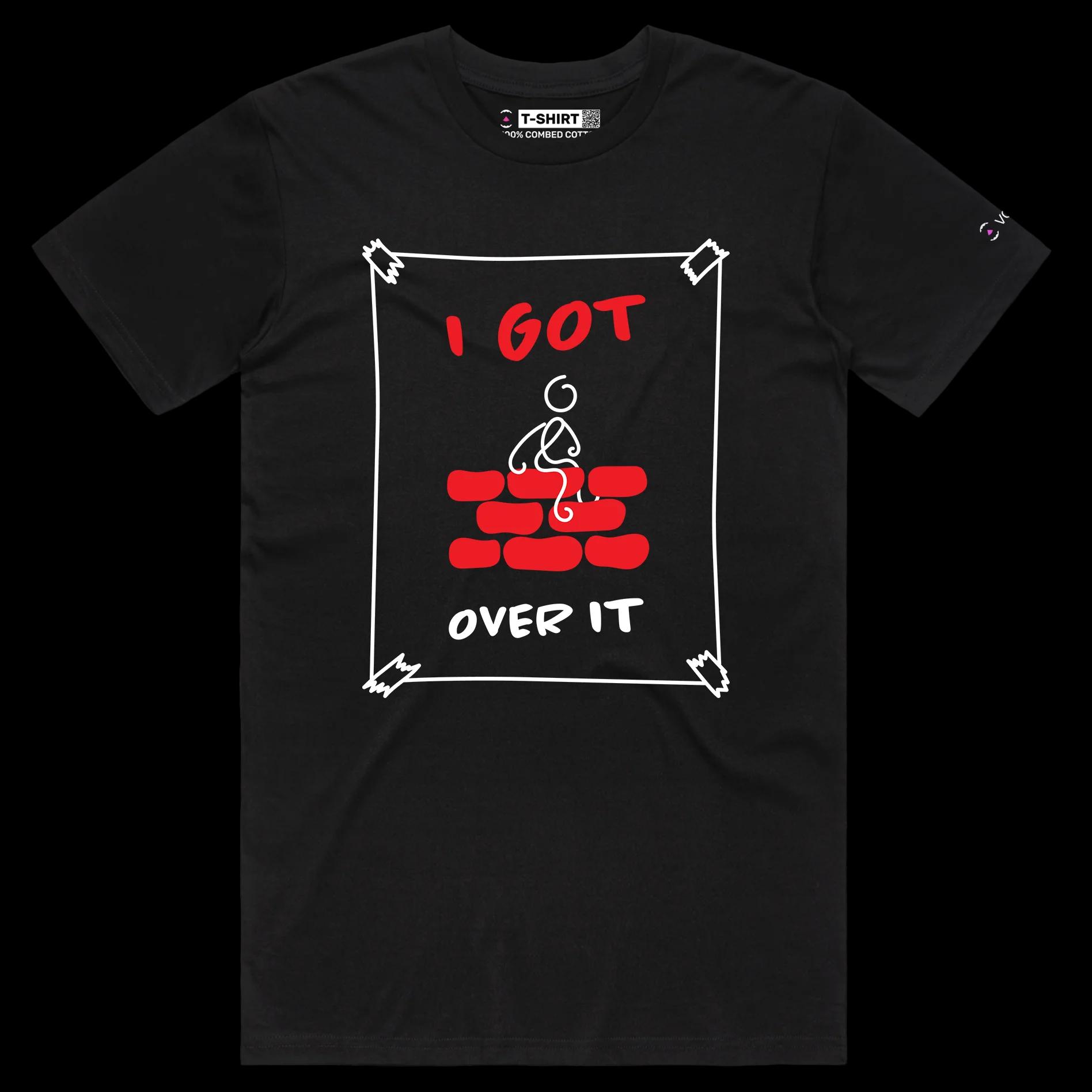 VOICEART Black Male Regular Stick Figure Climbed Wall Funny Shirt Premium Graphic I Got Over It Tee with Play on Words