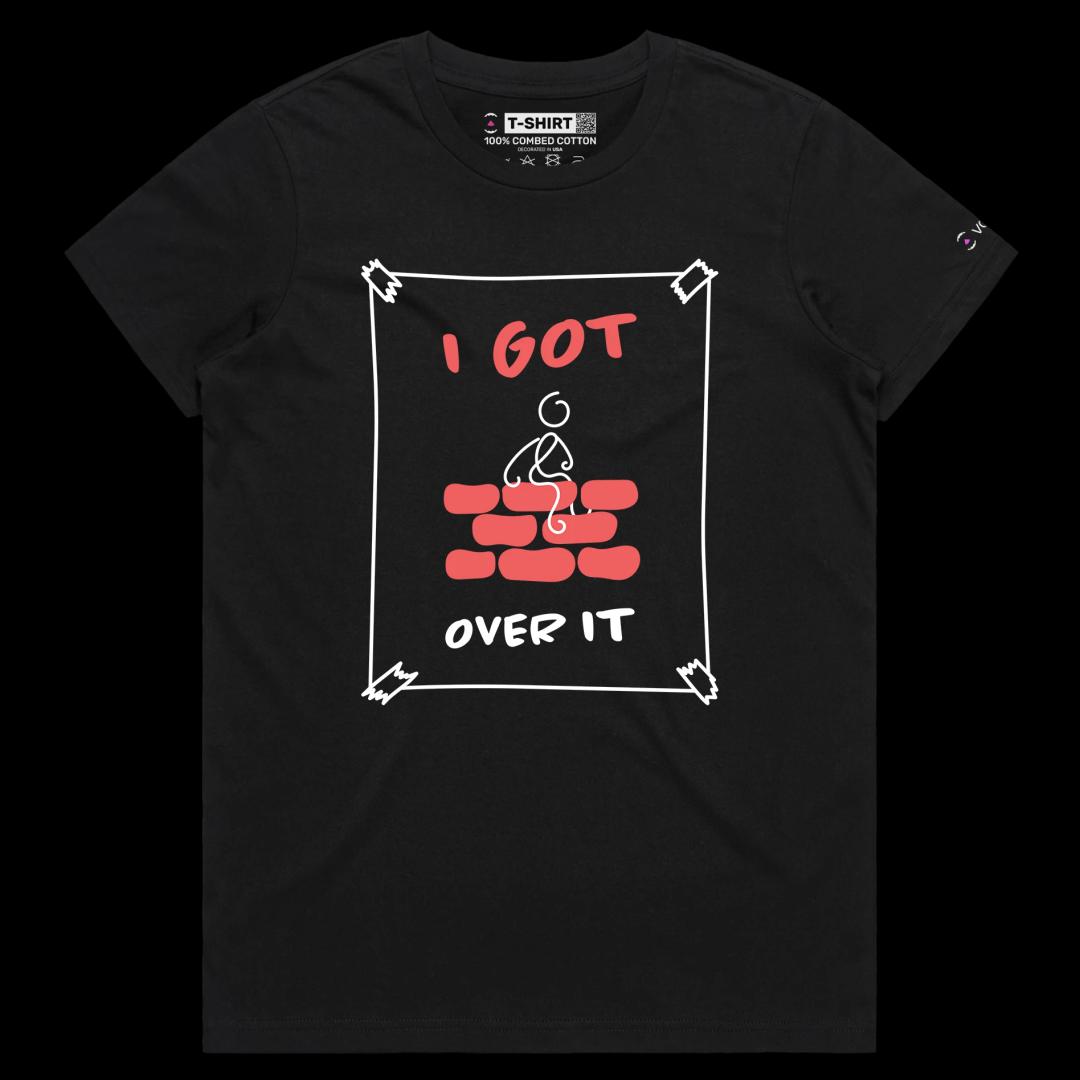 VOICEART Black Female Regular Stick Figure Climbed Wall Funny Shirt Premium Graphic I Got Over It Tee with Play on Words