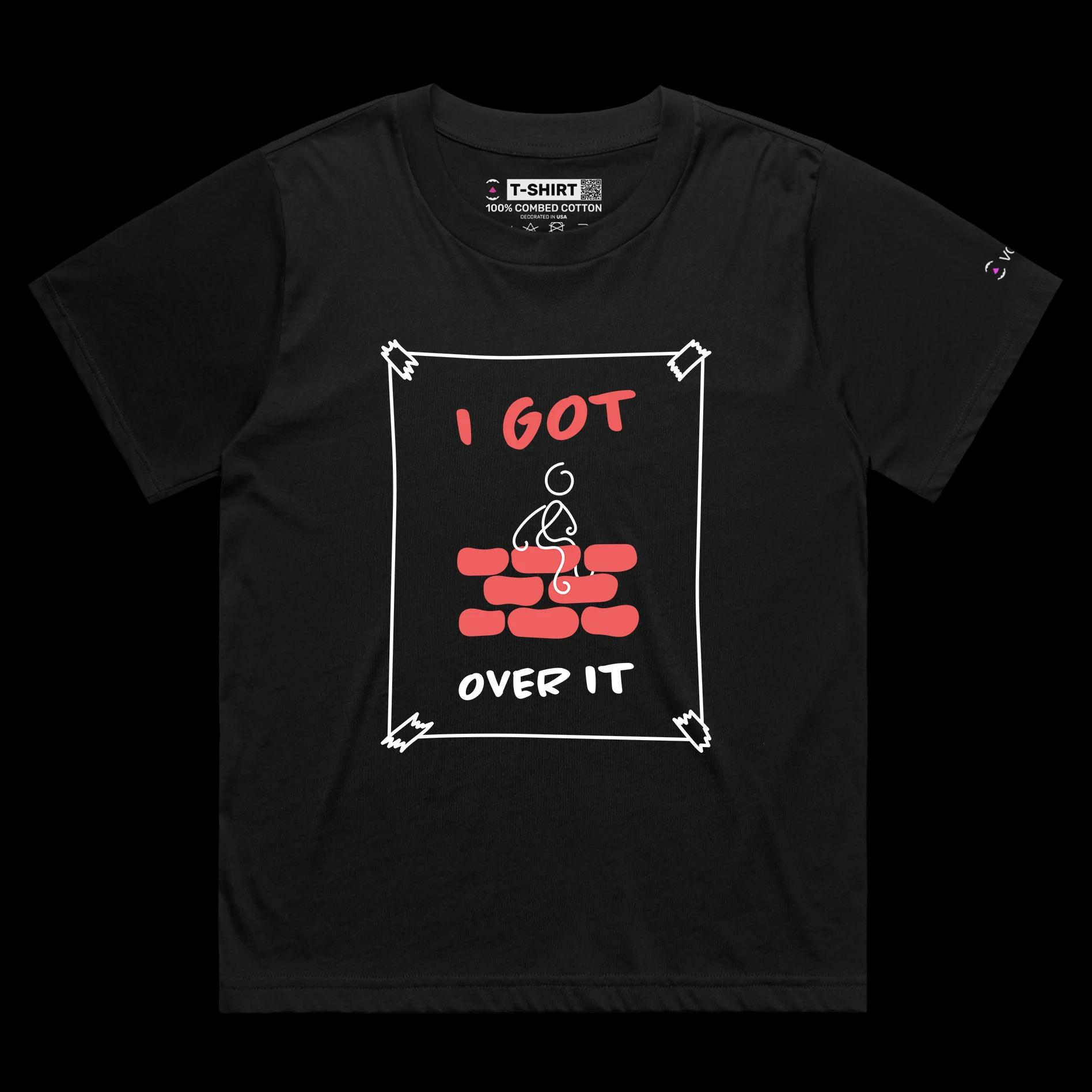 VOICEART Black Female Loose Stick Figure Climbed Wall Funny Shirt Premium Graphic I Got Over It Tee with Play on Words