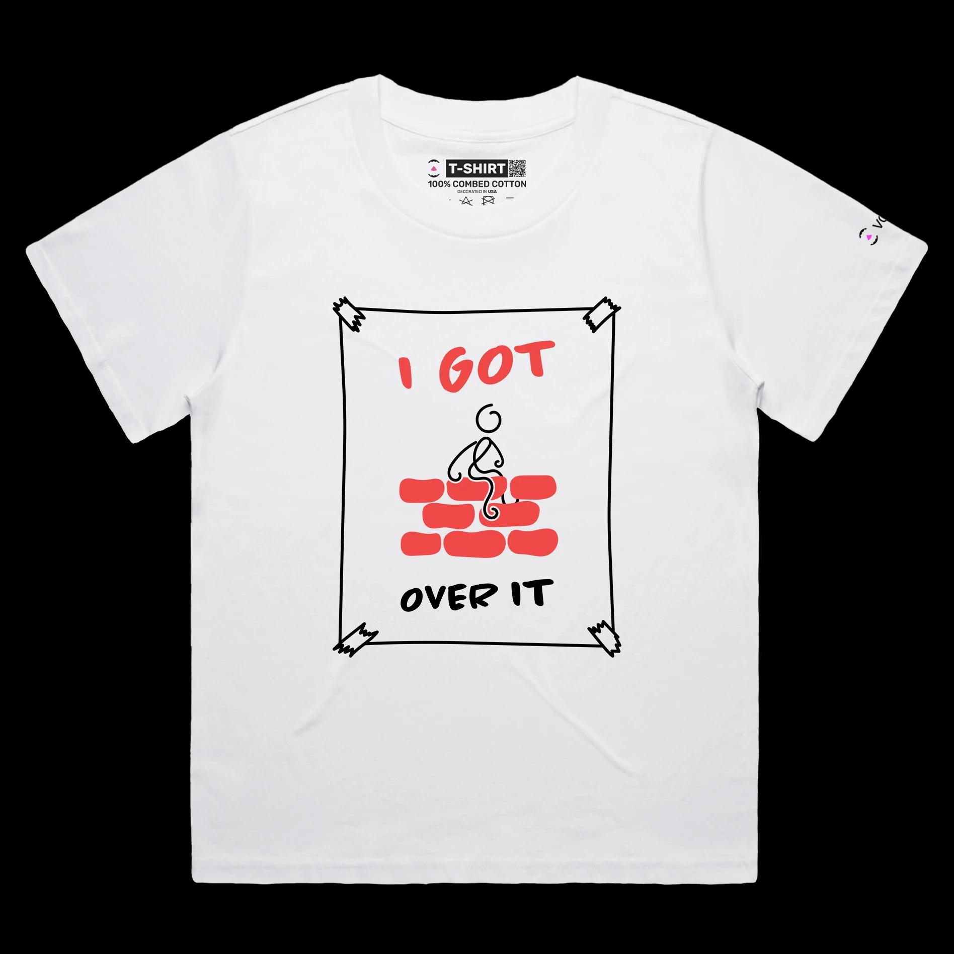 VOICEART White Female Loose Stick Figure Climbed Wall Funny Shirt Premium Graphic I Got Over It Tee with Play on Words
