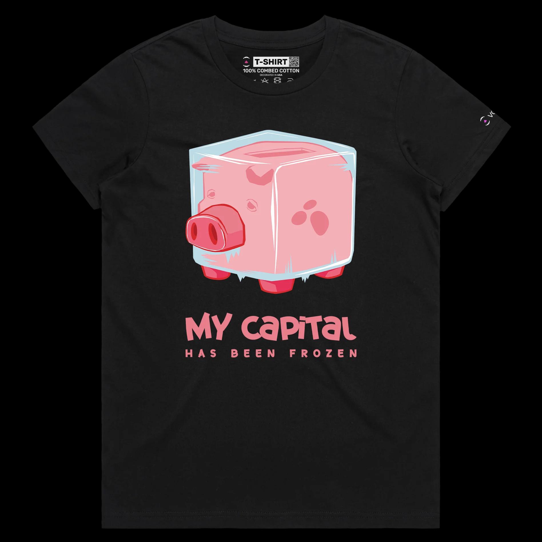 VOICEART Black Female Regular Frozen Piggy Bank Funny T-Shirt with Premium Design Money and Finance Themed Tee Play Words