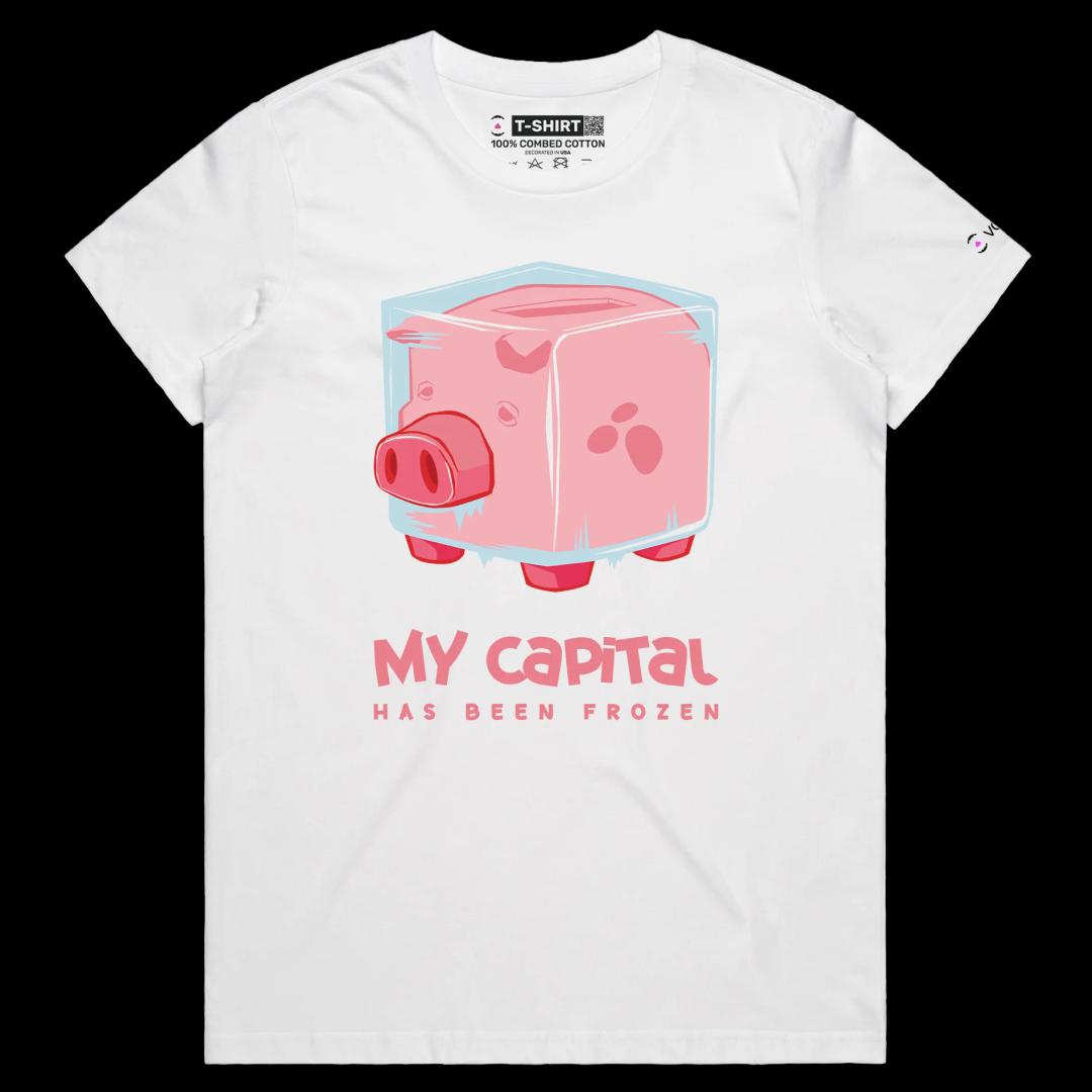 VOICEART White Female Regular Frozen Piggy Bank Funny T-Shirt with Premium Design Money and Finance Themed Tee Play Words
