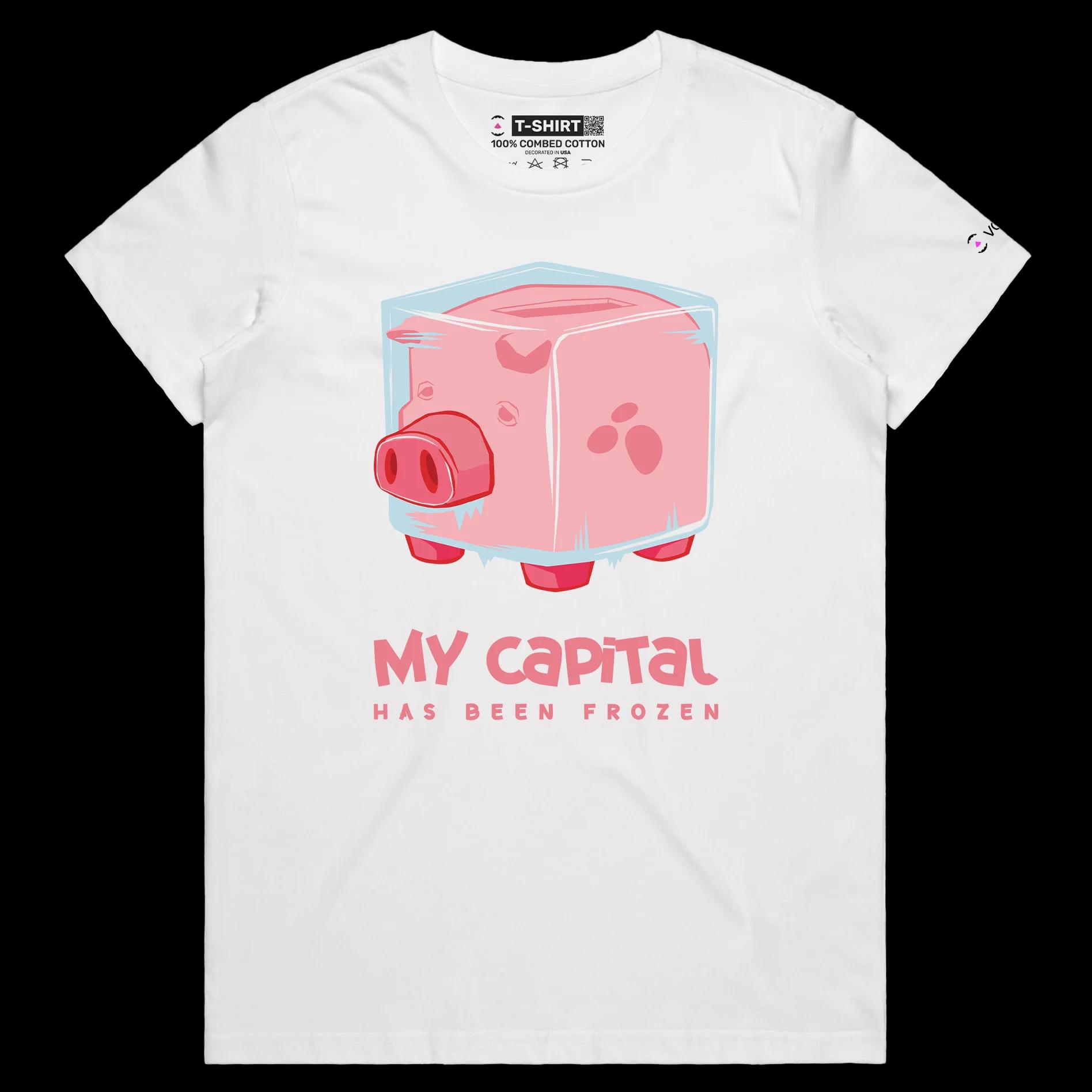 VOICEART White Female Regular Frozen Piggy Bank Funny T-Shirt with Premium Design Money and Finance Themed Tee Play Words