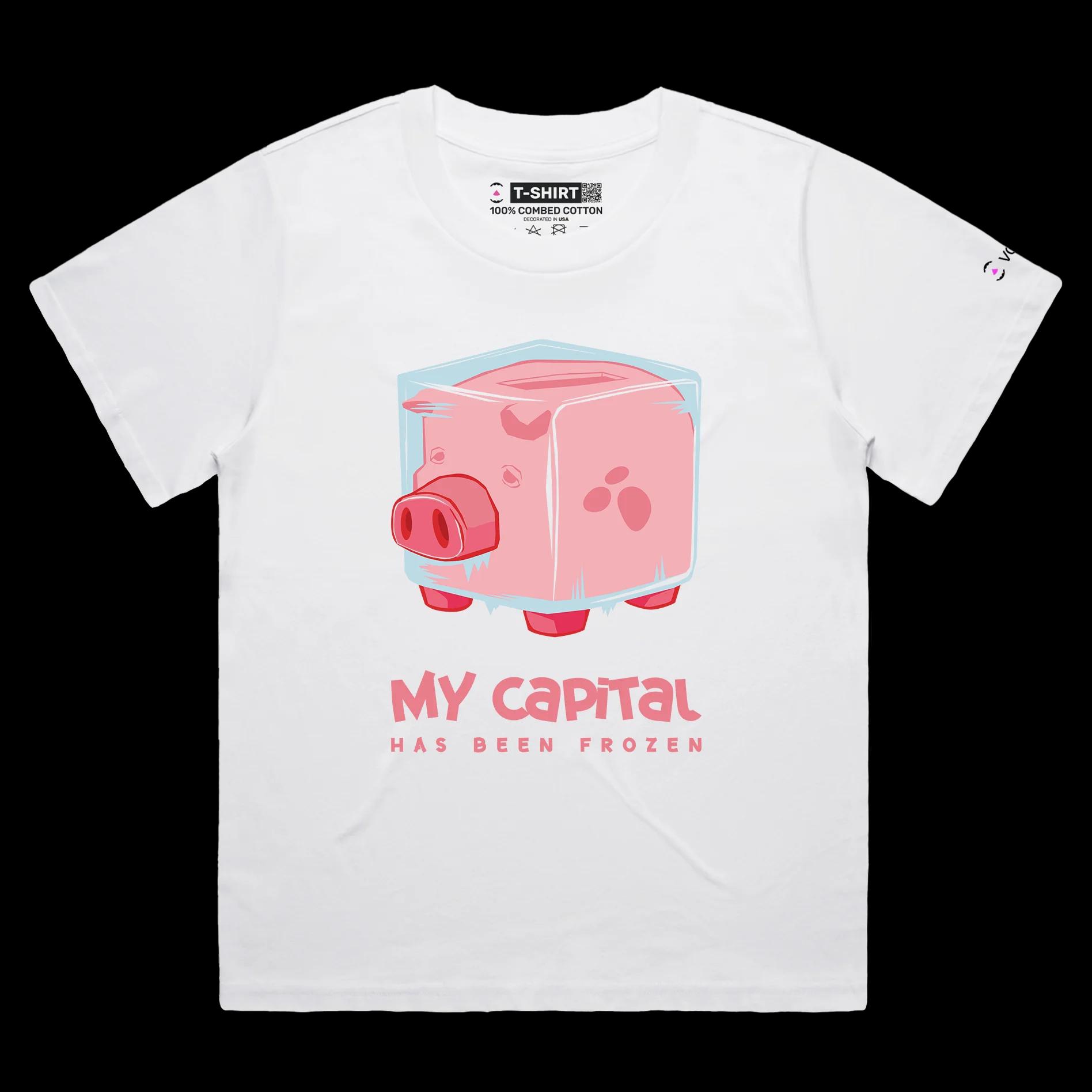 VOICEART White Female Loose Frozen Piggy Bank Funny T-Shirt with Premium Design Money and Finance Themed Tee Play Words