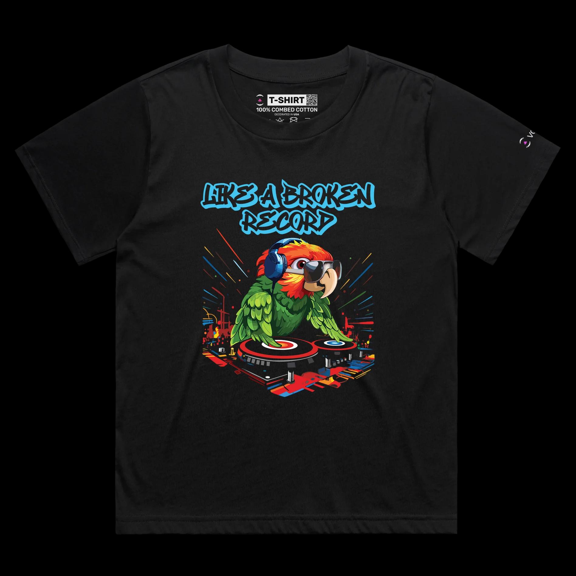 VOICEART Black Female Loose DJ Parrot Funny Animals T-Shirt Premium Graphic Broken Record Mix Table Wordplay Tee