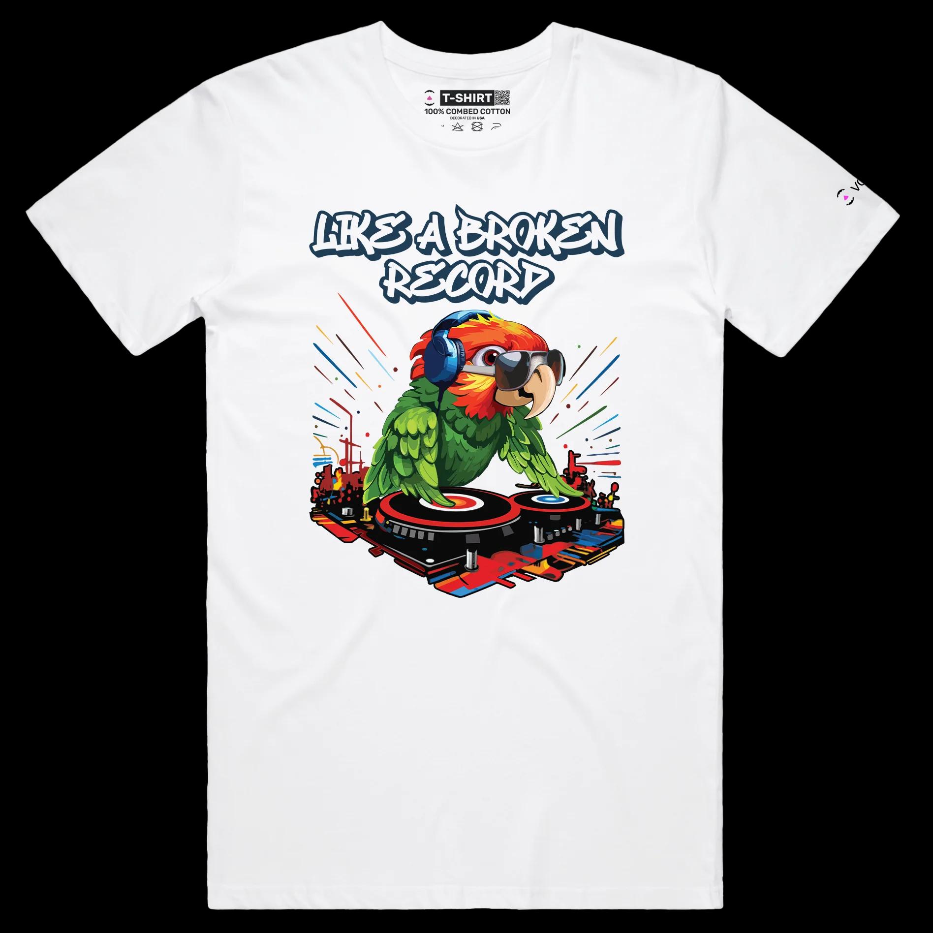 VOICEART White Male Regular DJ Parrot Funny Animals T-Shirt Premium Graphic Broken Record Mix Table Wordplay Tee