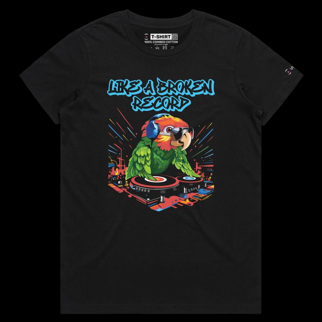 VOICEART Black Female Regular DJ Parrot Funny Animals T-Shirt Premium Graphic Broken Record Mix Table Wordplay Tee