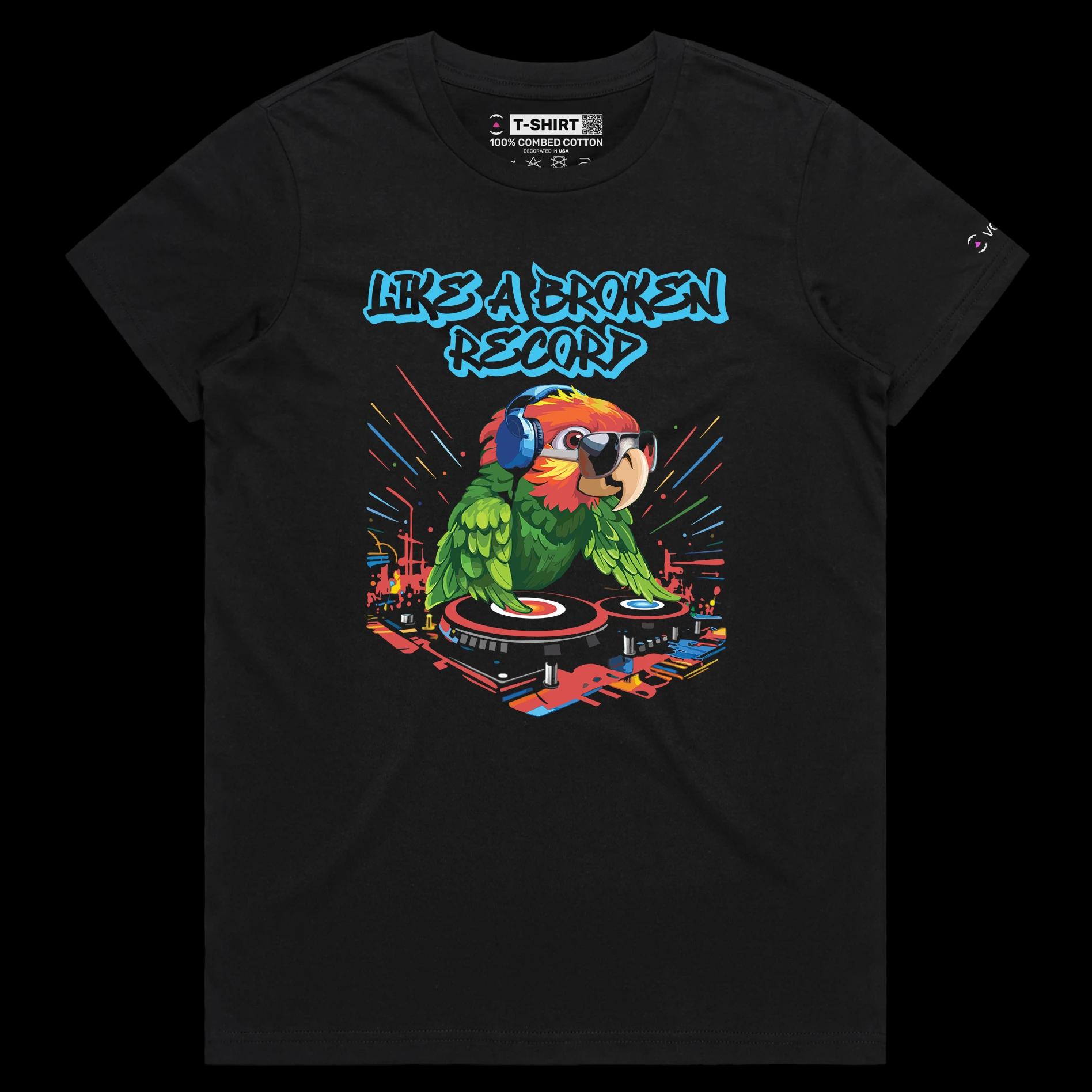 VOICEART Black Female Regular DJ Parrot Funny Animals T-Shirt Premium Graphic Broken Record Mix Table Wordplay Tee