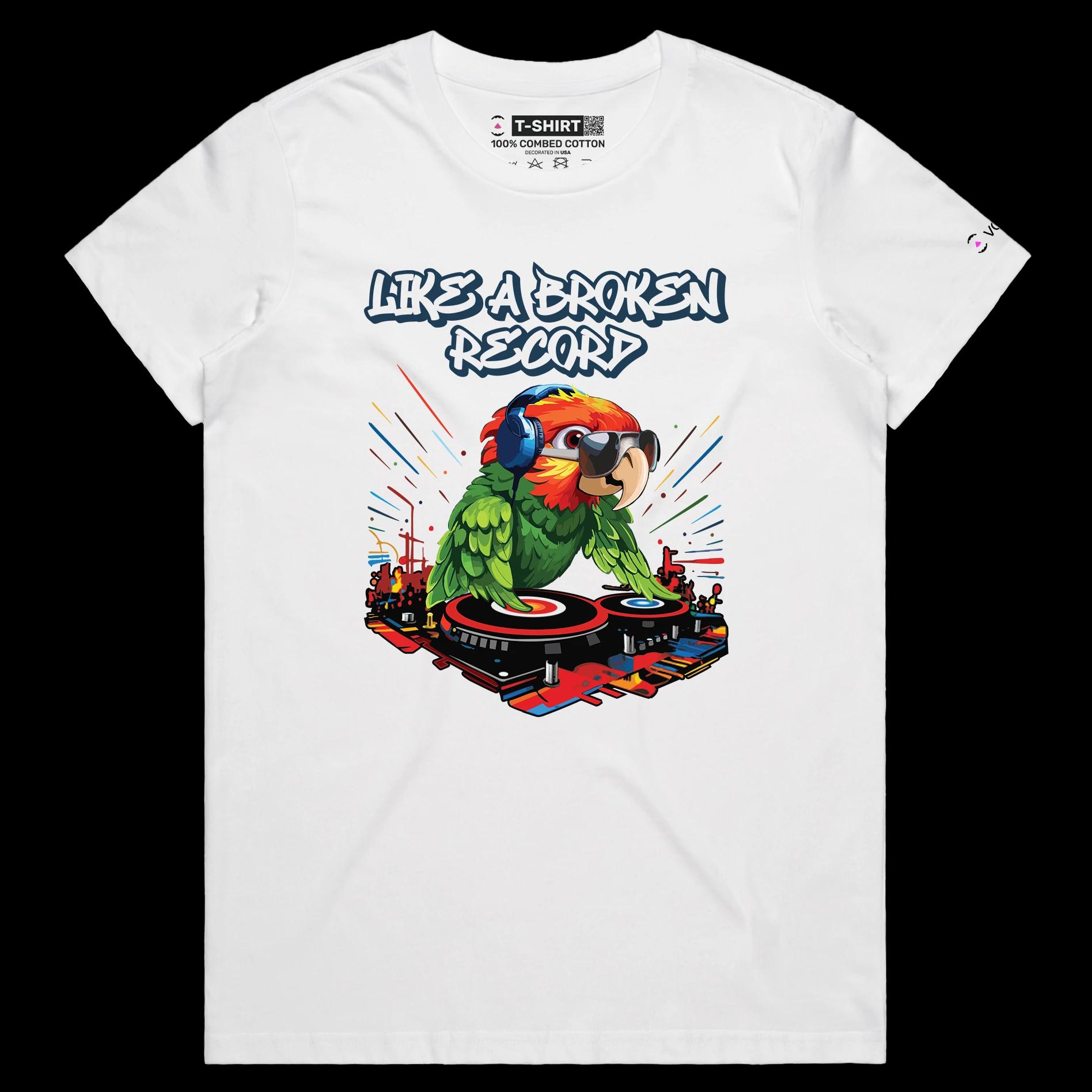 VOICEART White Female Regular DJ Parrot Funny Animals T-Shirt Premium Graphic Broken Record Mix Table Wordplay Tee