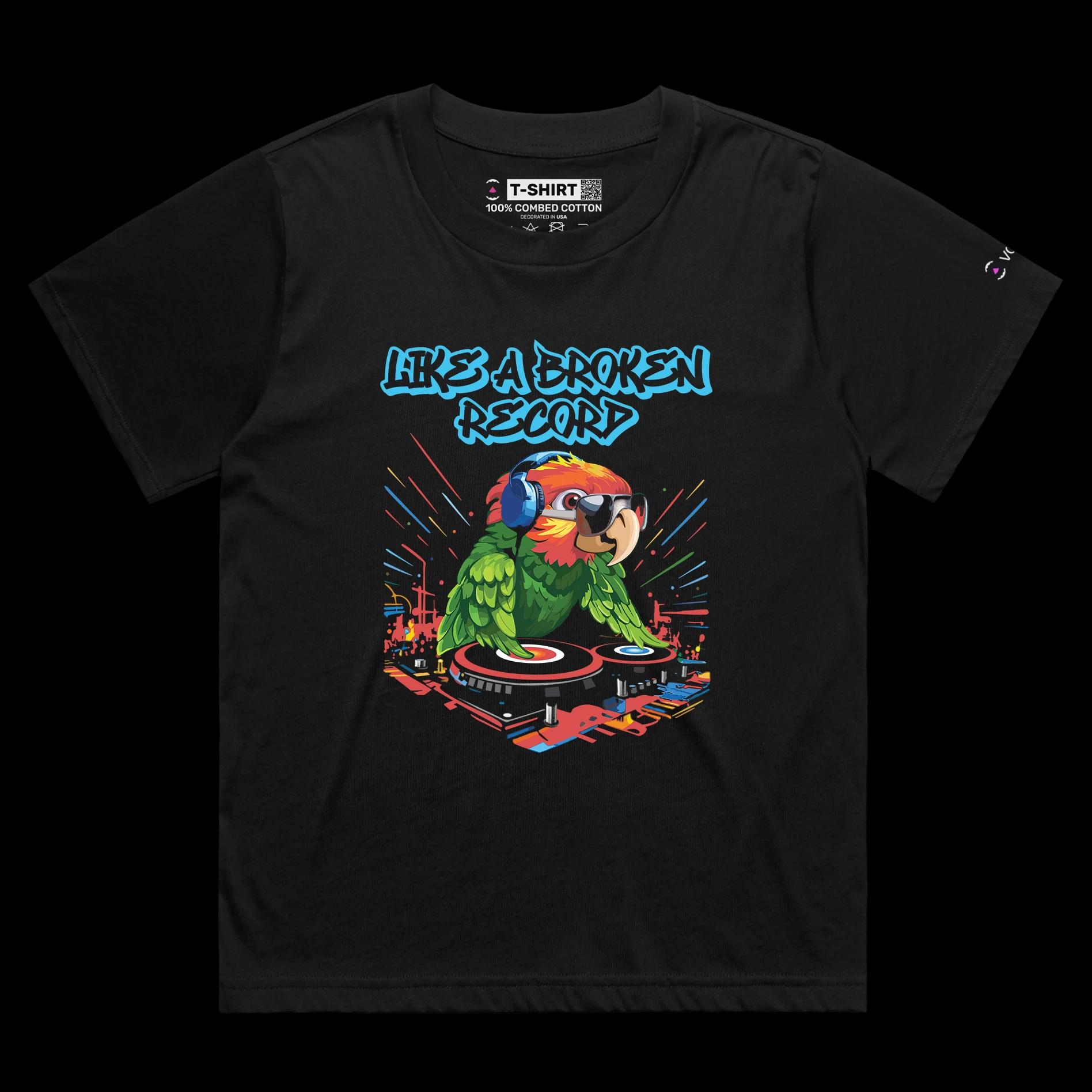 VOICEART Black Female Loose DJ Parrot Funny Animals T-Shirt Premium Graphic Broken Record Mix Table Wordplay Tee