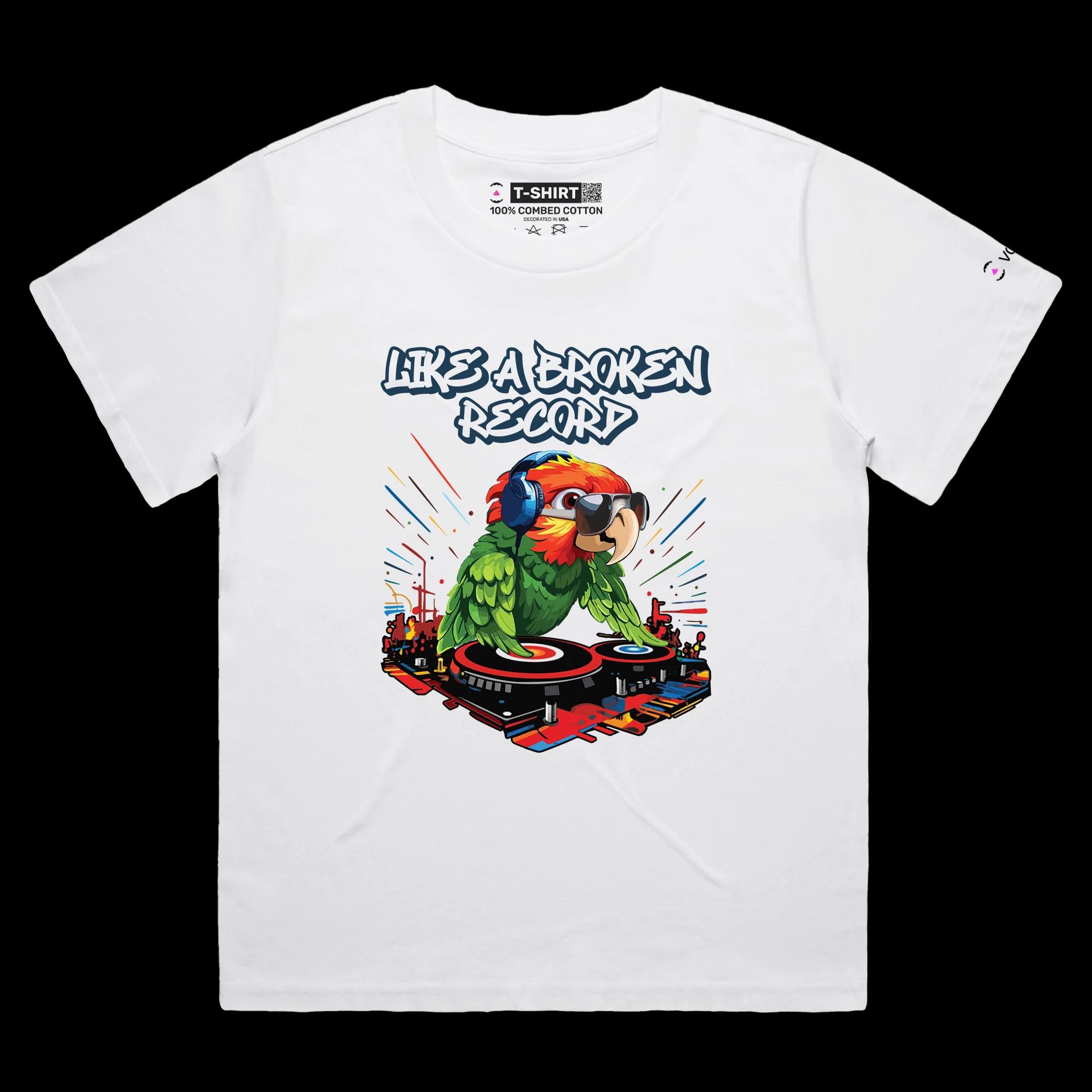 VOICEART White Female Loose DJ Parrot Funny Animals T-Shirt Premium Graphic Broken Record Mix Table Wordplay Tee