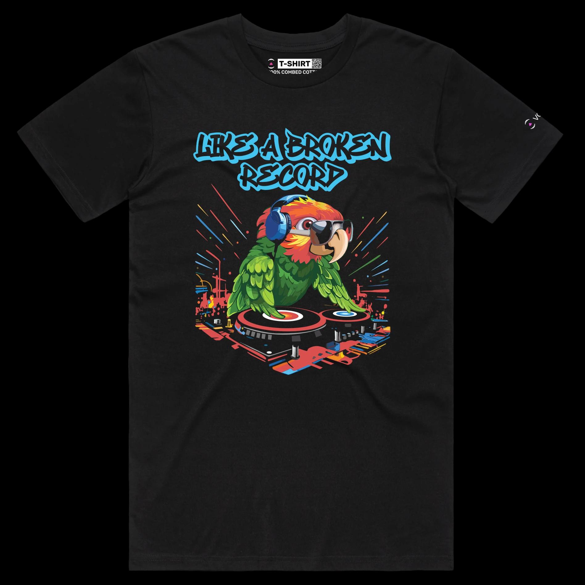 VOICEART Black Male Regular DJ Parrot Funny Animals T-Shirt Premium Graphic Broken Record Mix Table Wordplay Tee