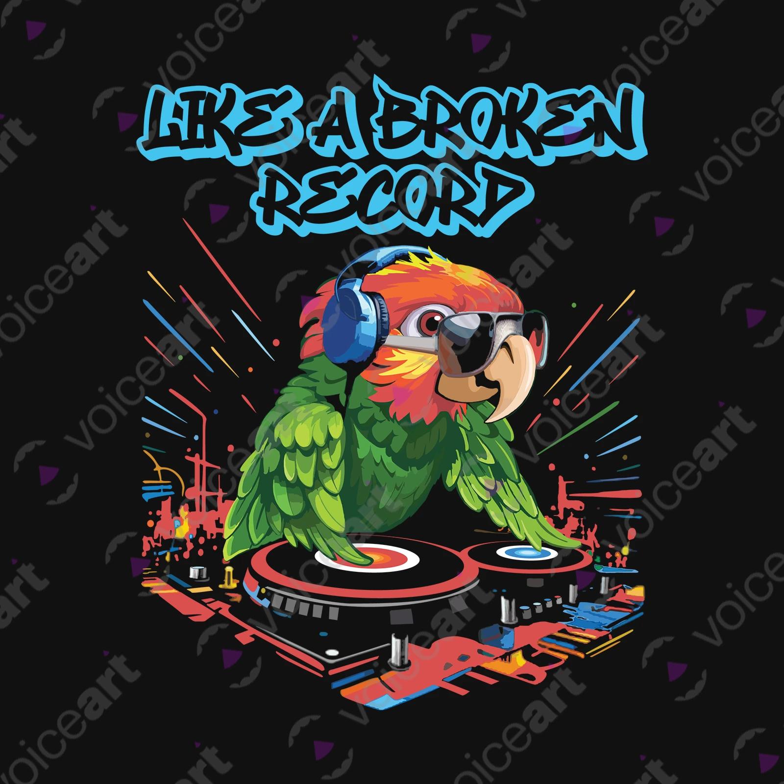 VOICEART Black Watermark DJ Parrot Funny Animals T-Shirt Premium Graphic Broken Record Mix Table Wordplay Tee