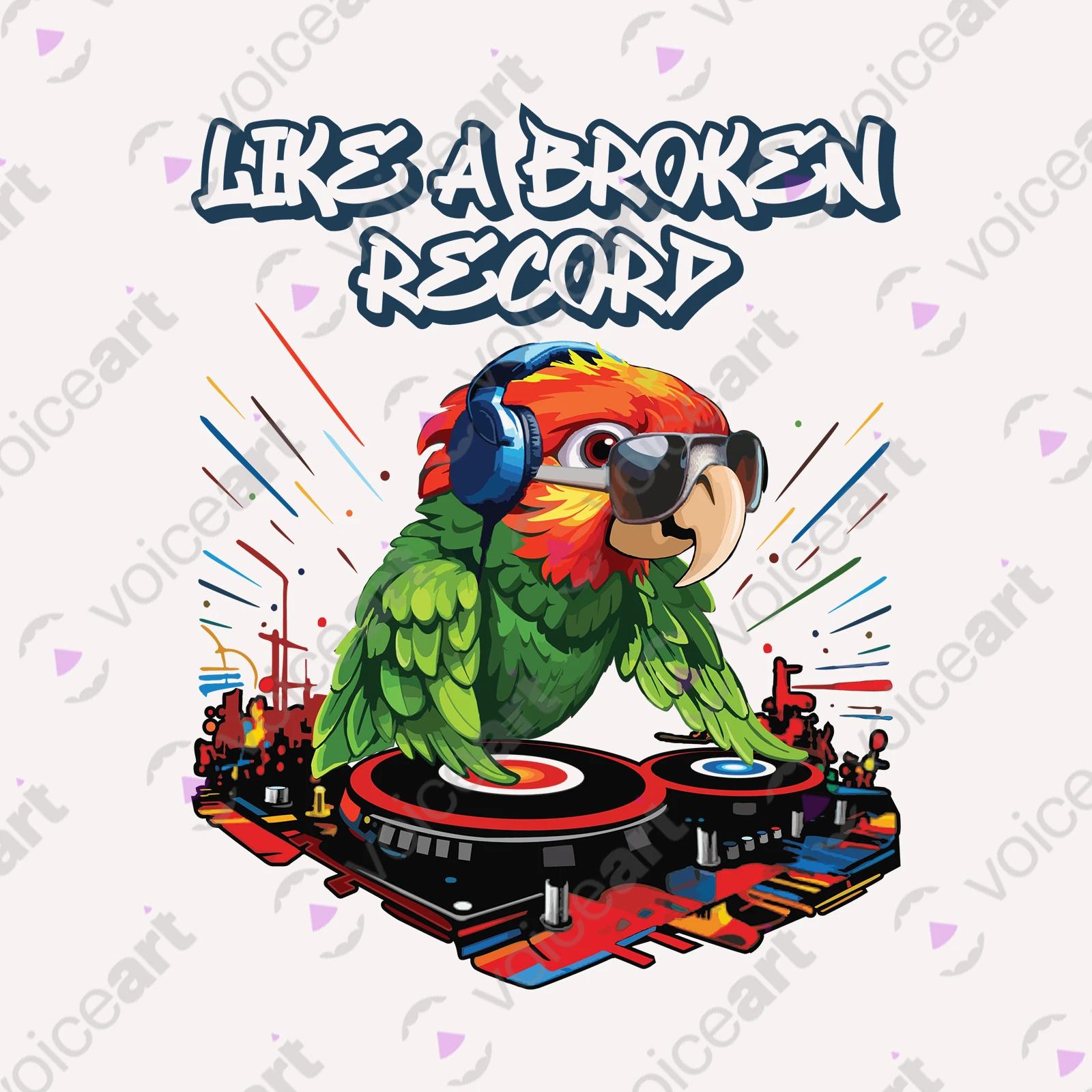 VOICEART White Watermark DJ Parrot Funny Animals T-Shirt Premium Graphic Broken Record Mix Table Wordplay Tee