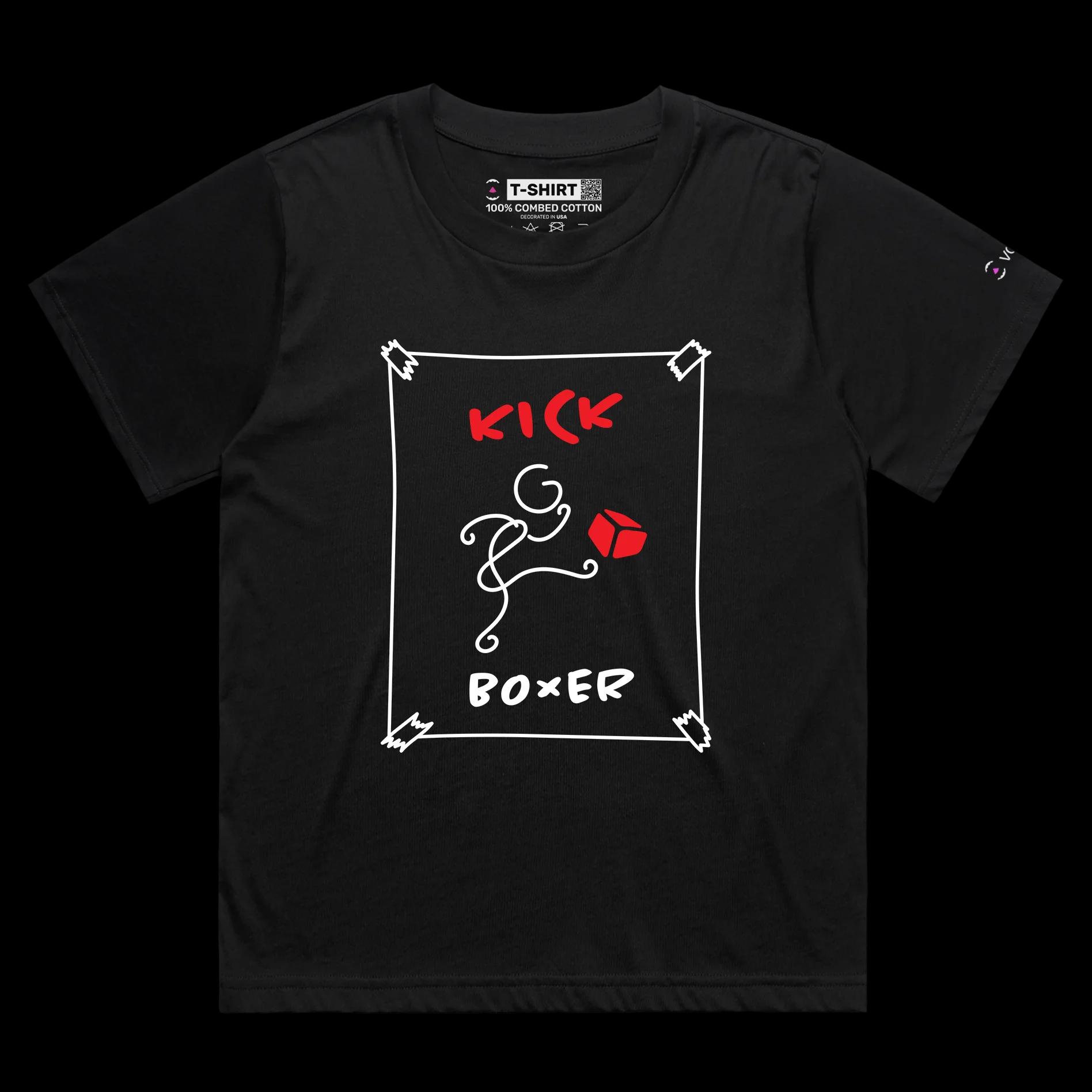 VOICEART Black Female Loose Stickman Kick Boxer Funny T-Shirt Premium Quality Graphic Cardboard Box and Martial Arts Tee