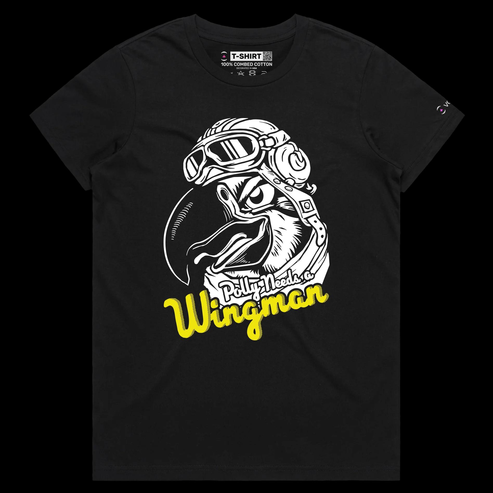 VOICEART Black Female Regular Polly Needs a Wingman Funny Animals Shirt Premium Parakeet Airforce Pilot Patriotic Tee