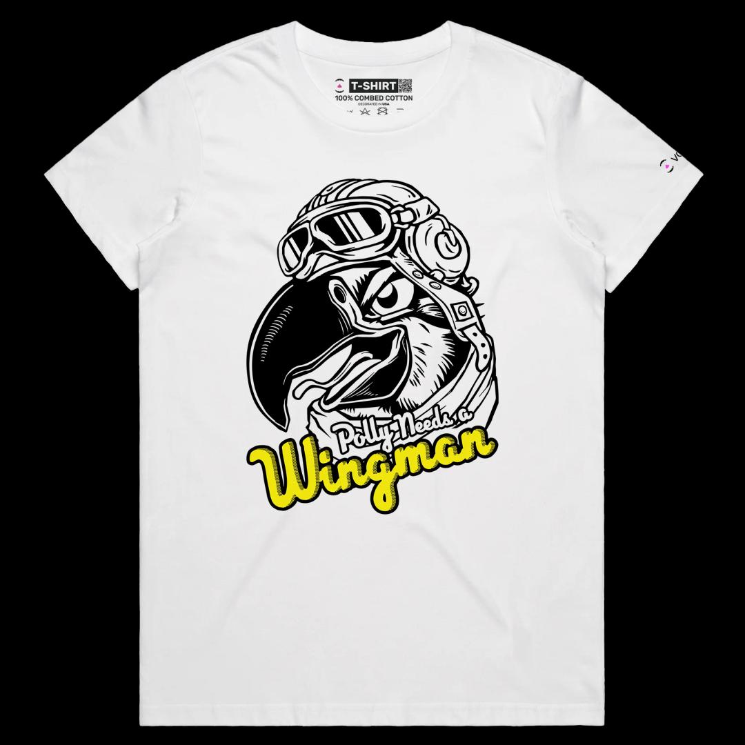 VOICEART White Female Regular Polly Needs a Wingman Funny Animals Shirt Premium Parakeet Airforce Pilot Patriotic Tee