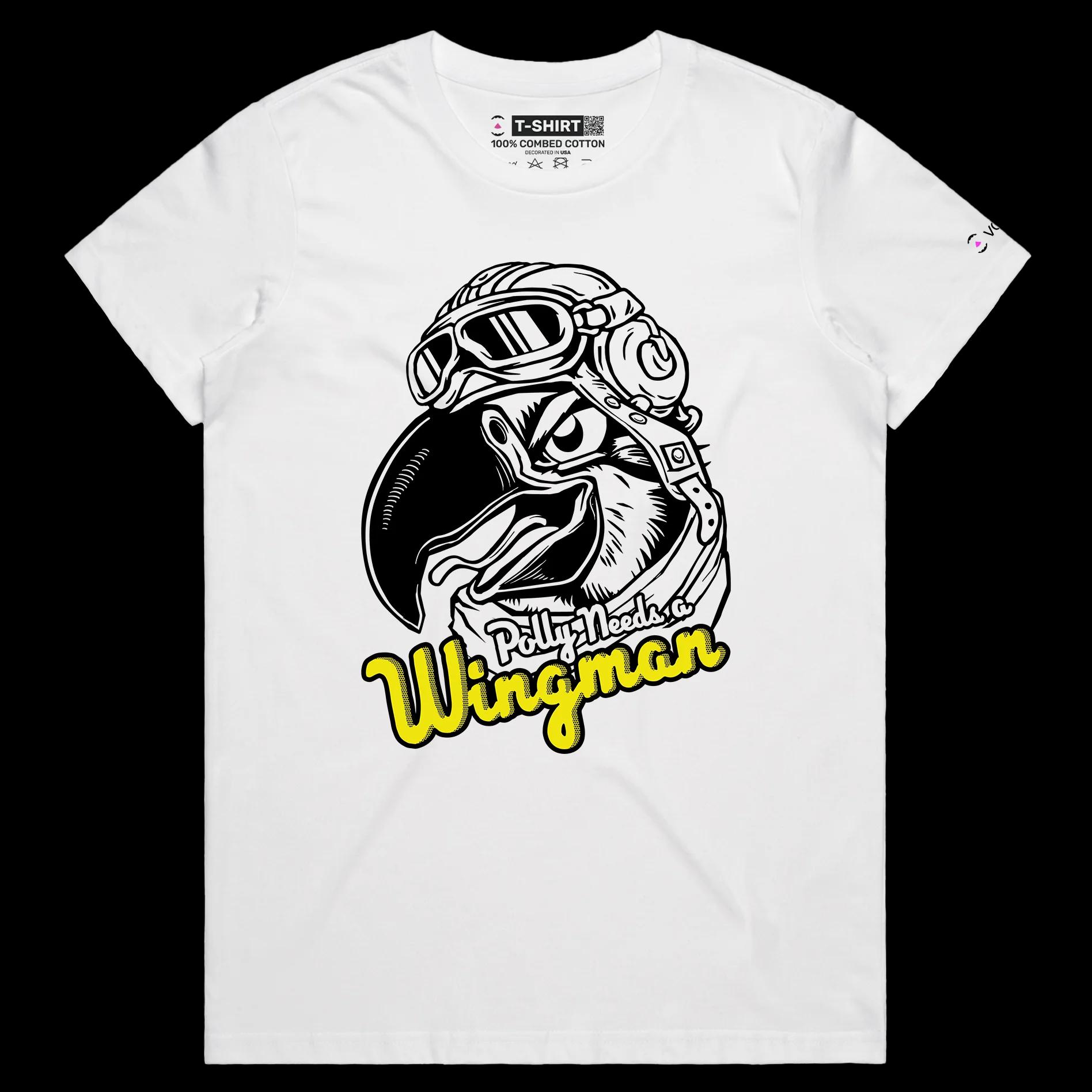 VOICEART White Female Regular Polly Needs a Wingman Funny Animals Shirt Premium Parakeet Airforce Pilot Patriotic Tee