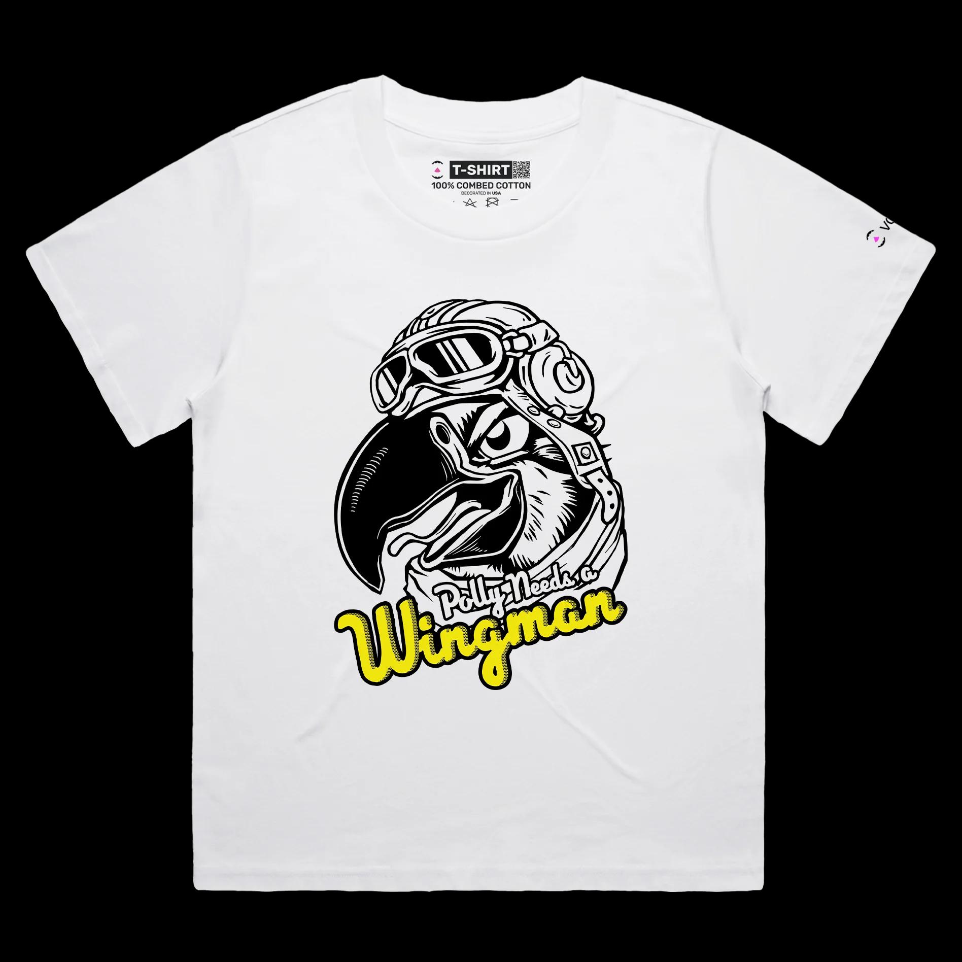 VOICEART White Female Loose Polly Needs a Wingman Funny Animals Shirt Premium Parakeet Airforce Pilot Patriotic Tee