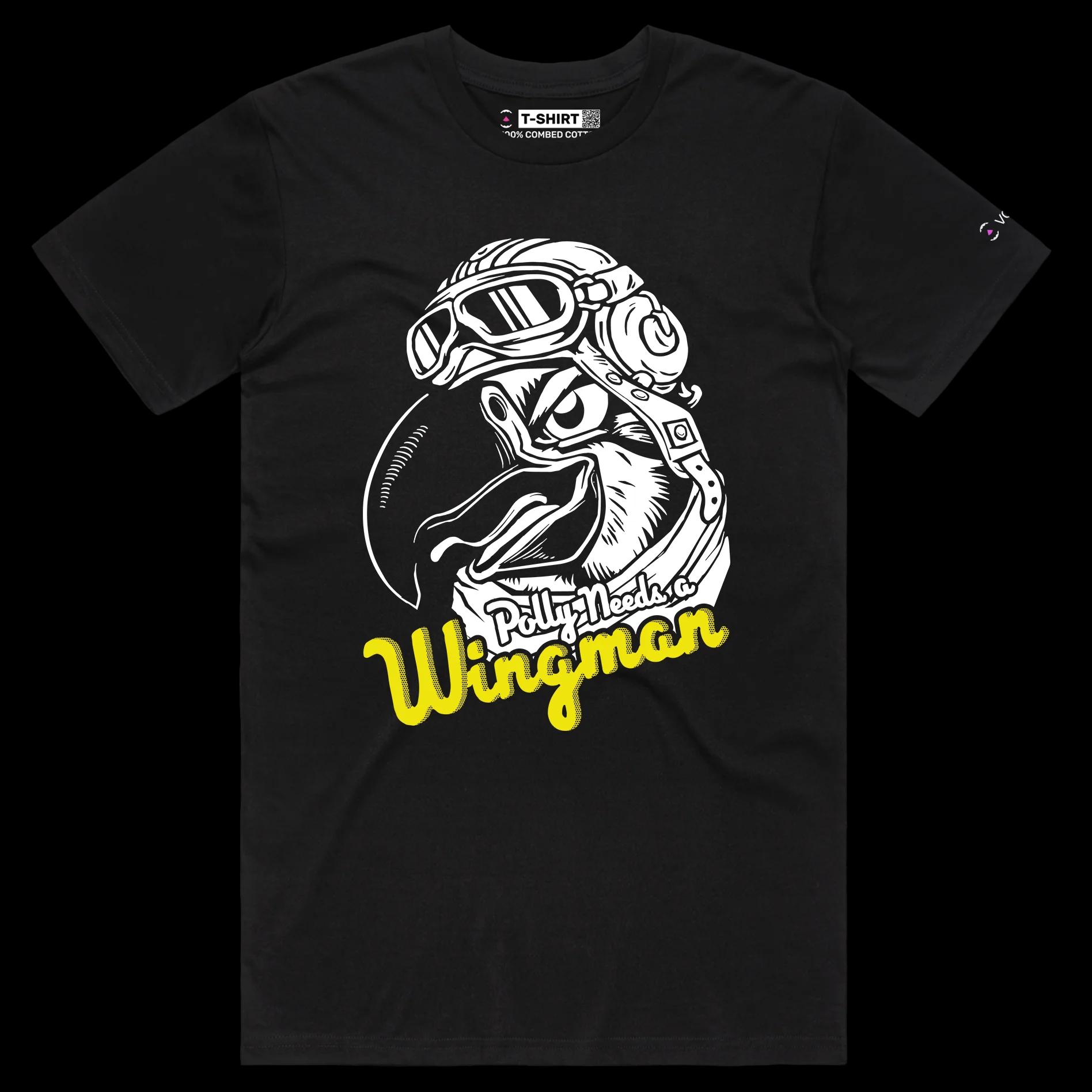 VOICEART Black Male Regular Polly Needs a Wingman Funny Animals Shirt Premium Parakeet Airforce Pilot Patriotic Tee