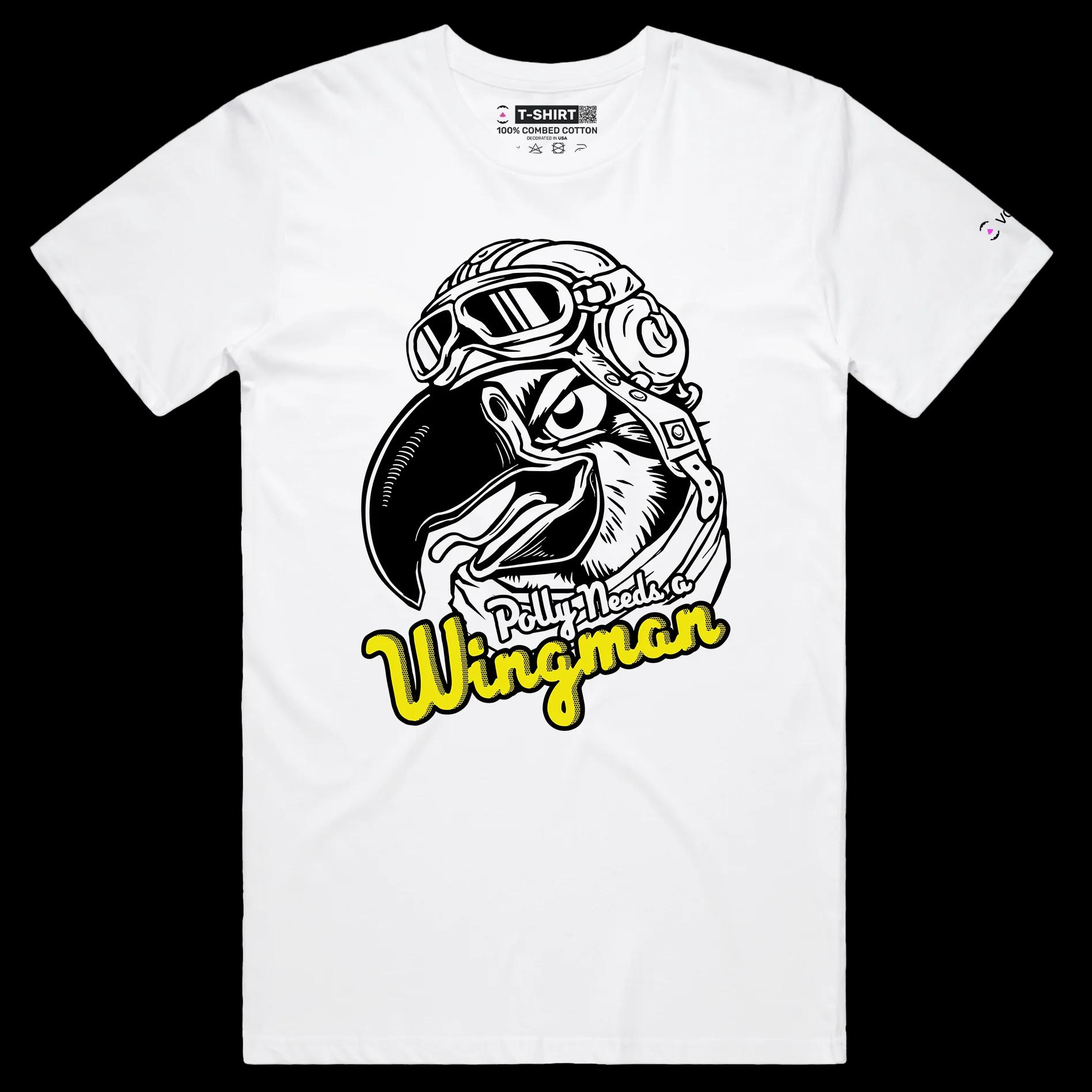 VOICEART White Male Regular Polly Needs a Wingman Funny Animals Shirt Premium Parakeet Airforce Pilot Patriotic Tee