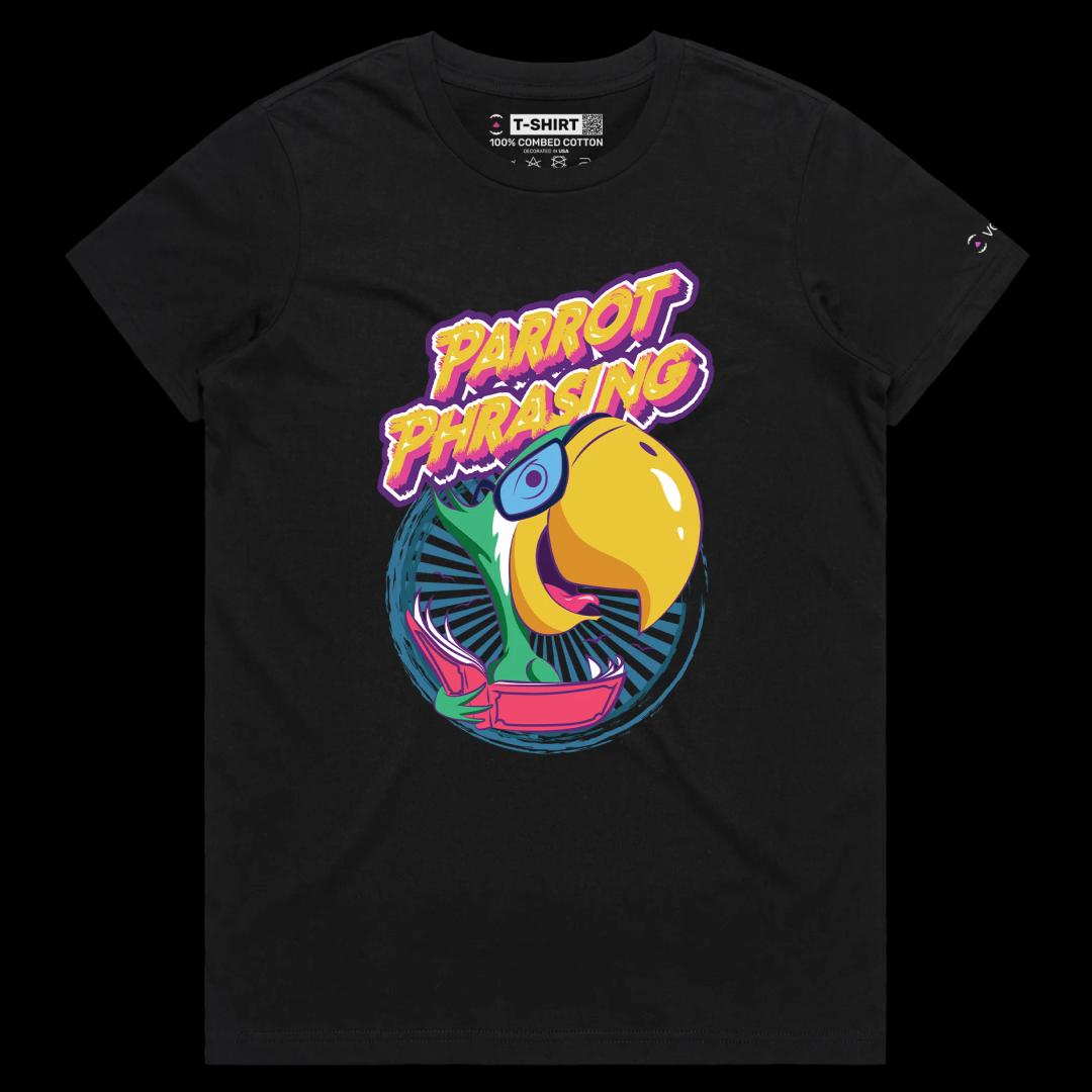 VOICEART Black Female Regular Parrot Phrasing Funny Animals T-Shirt Premium Quality Birds Wordplay Tee with Double Meaning