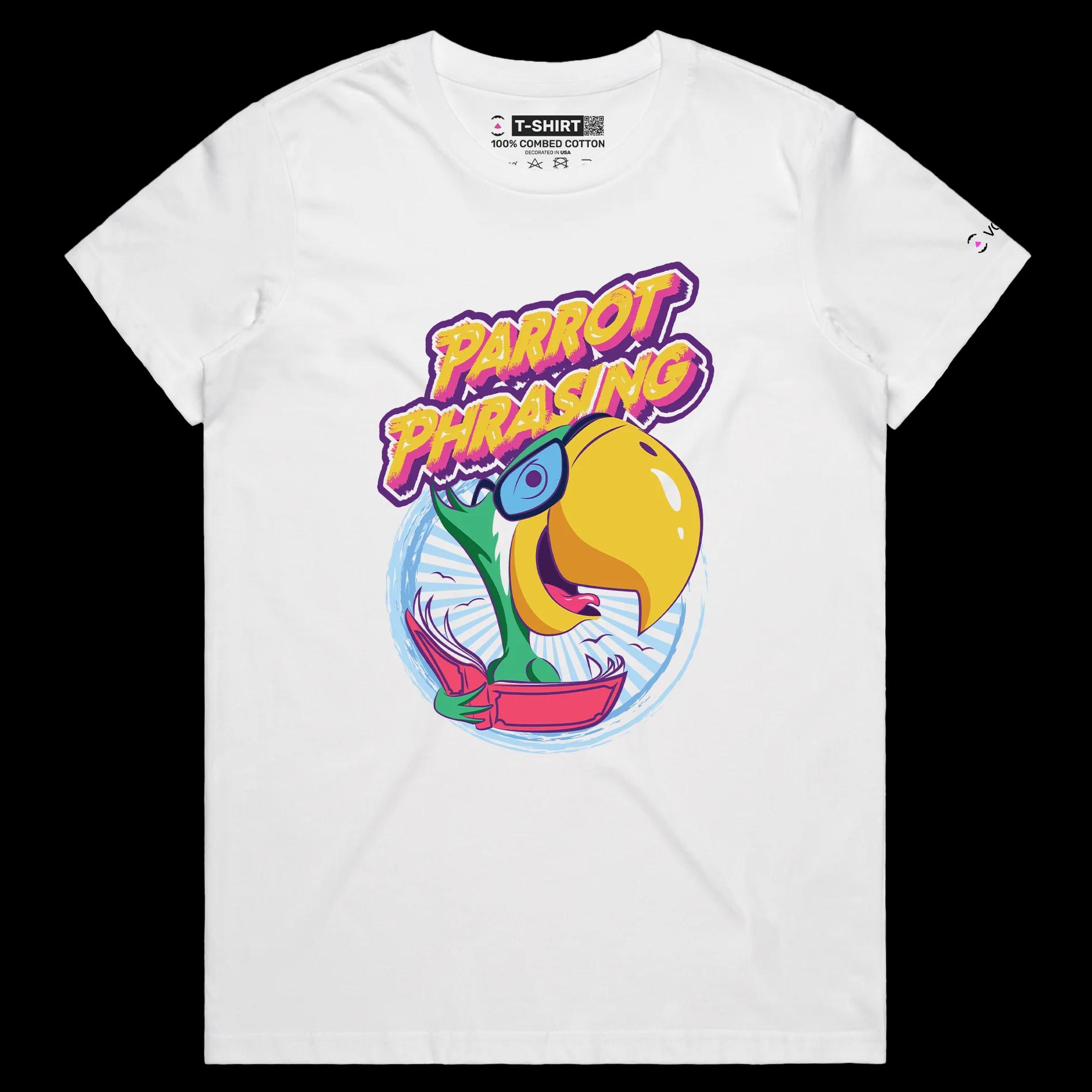 VOICEART White Female Regular Parrot Phrasing Funny Animals T-Shirt Premium Quality Birds Wordplay Tee with Double Meaning