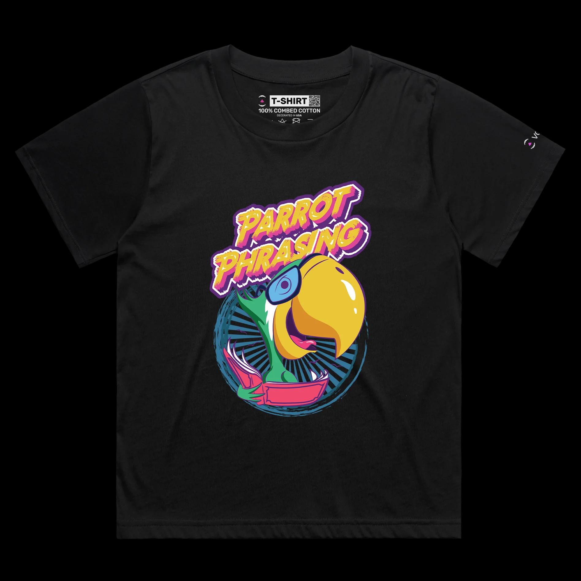 VOICEART Black Female Loose Parrot Phrasing Funny Animals T-Shirt Premium Quality Birds Wordplay Tee with Double Meaning
