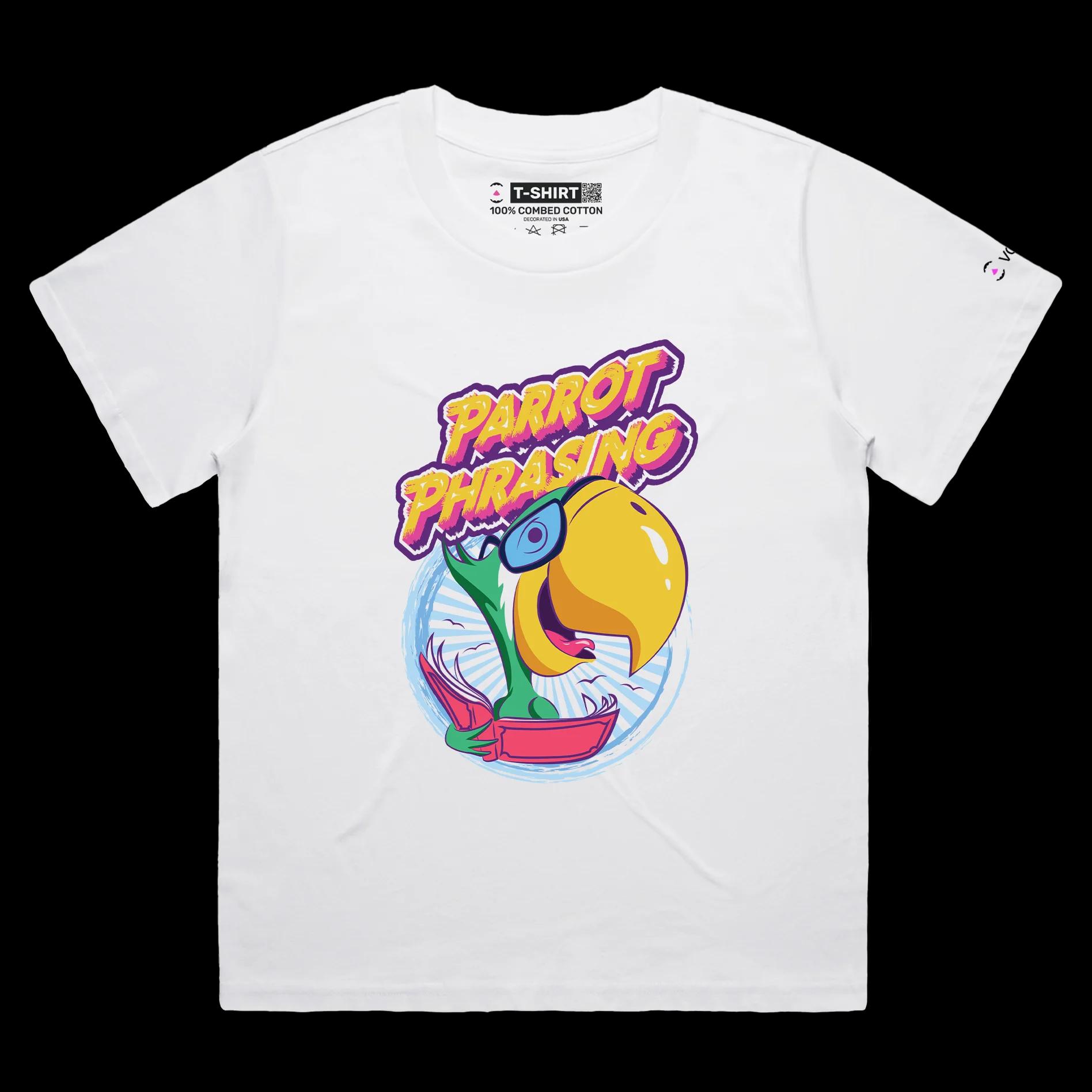 VOICEART White Female Loose Parrot Phrasing Funny Animals T-Shirt Premium Quality Birds Wordplay Tee with Double Meaning